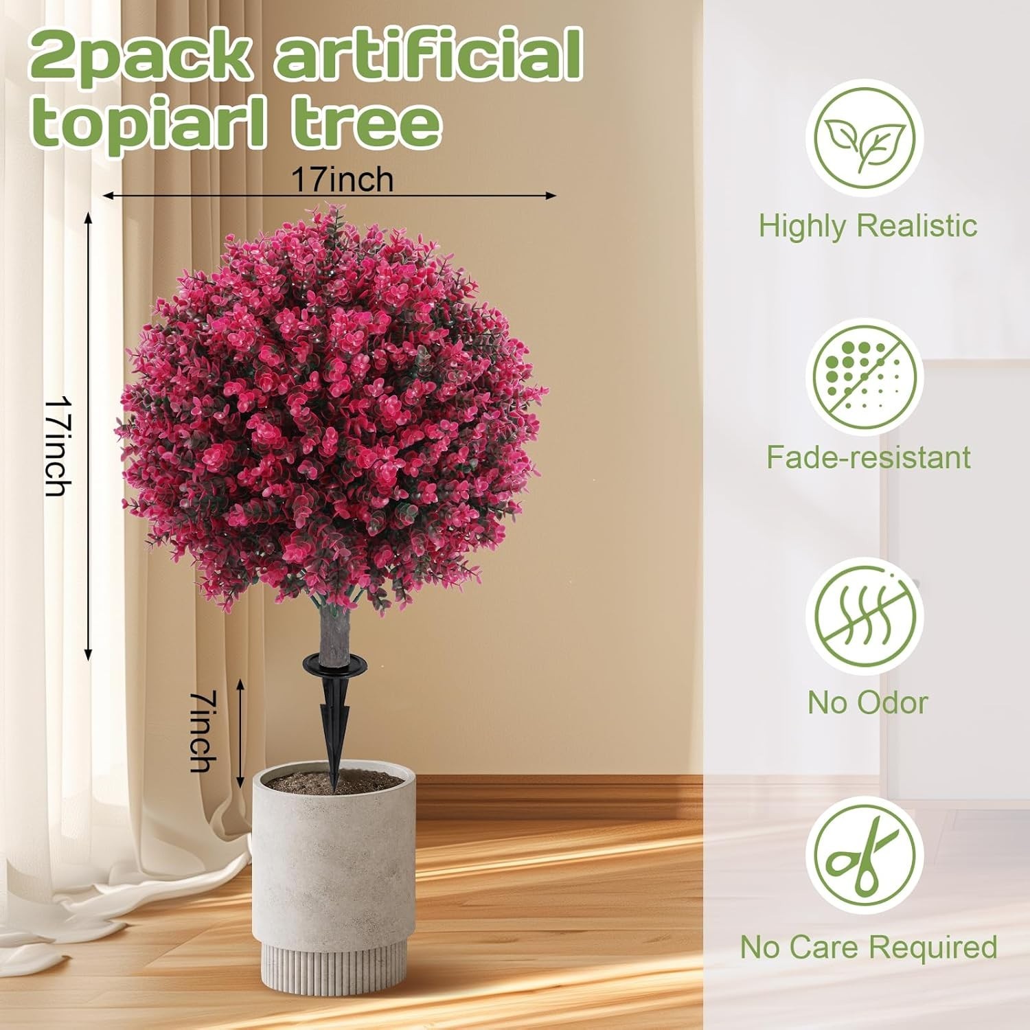 Artificial Red Eucalyptus Topiary Ball Tree 24″ with Ground Spike, Set of 2 A…