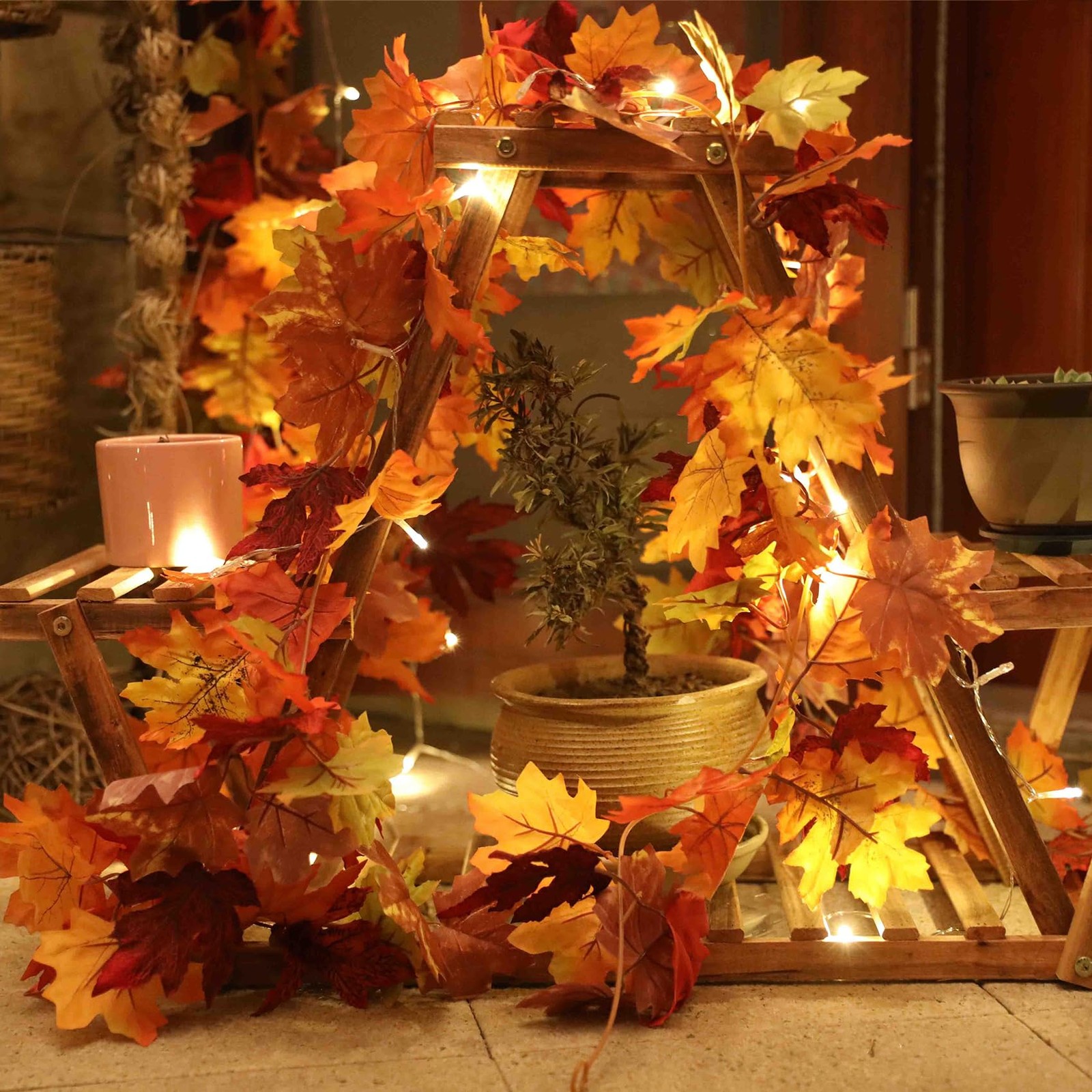 2 Pack Fall Maple Garland with 40 String Light- 5.8ft/Piece Artificial Fall F…