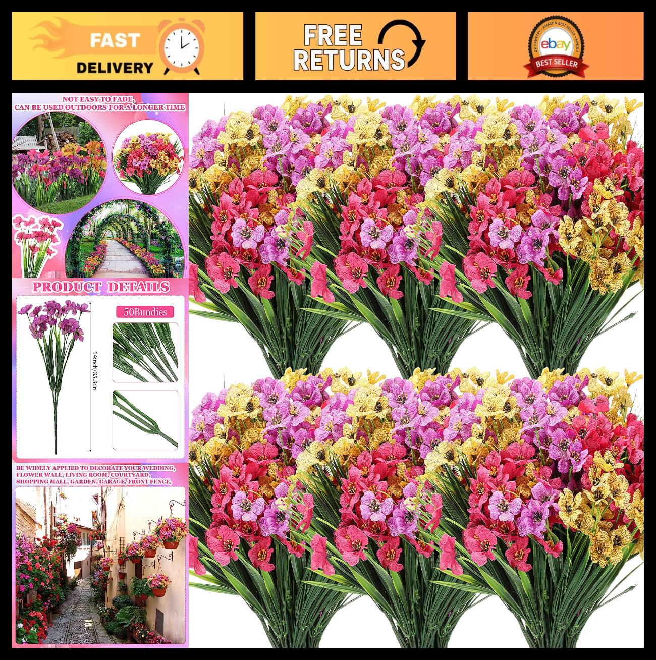 100 Bundles UV Resistant Violet Artificial Flowers – Faux Silk Outdoor Decor, Bu