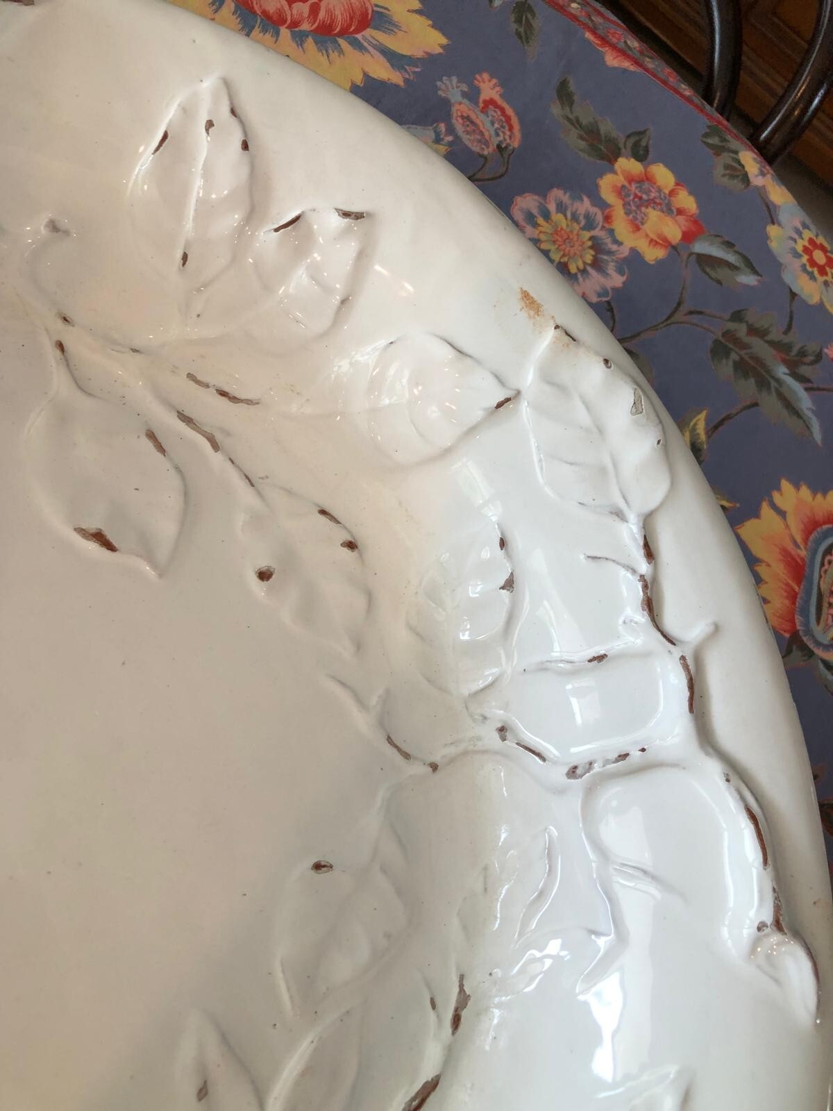 Italian Plate with leaves in relief brownish markings 20” Diameter