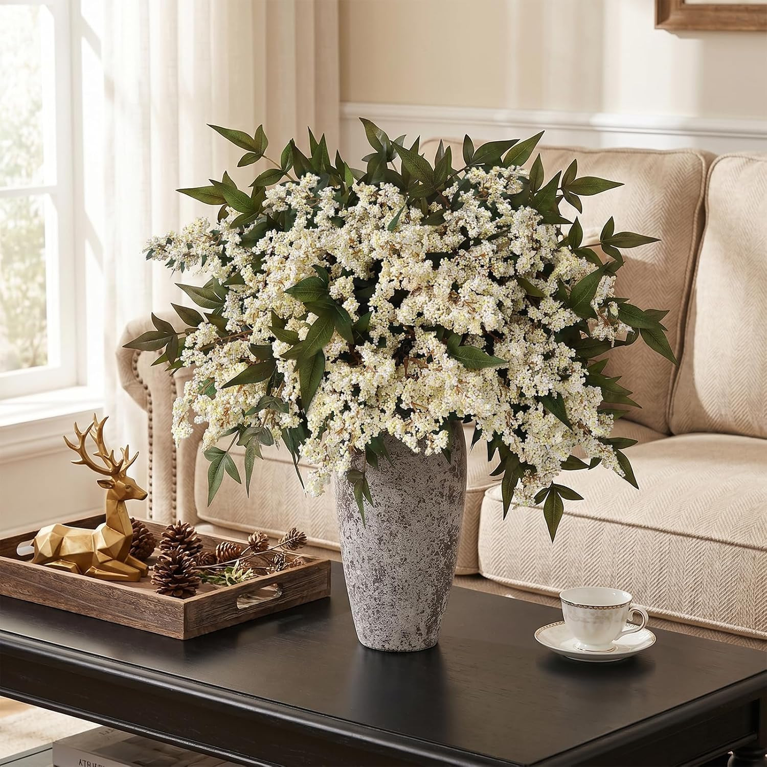 36″ Artificial Nandina Berry Stem – 4 Pcs Beige Faux Floral Decor