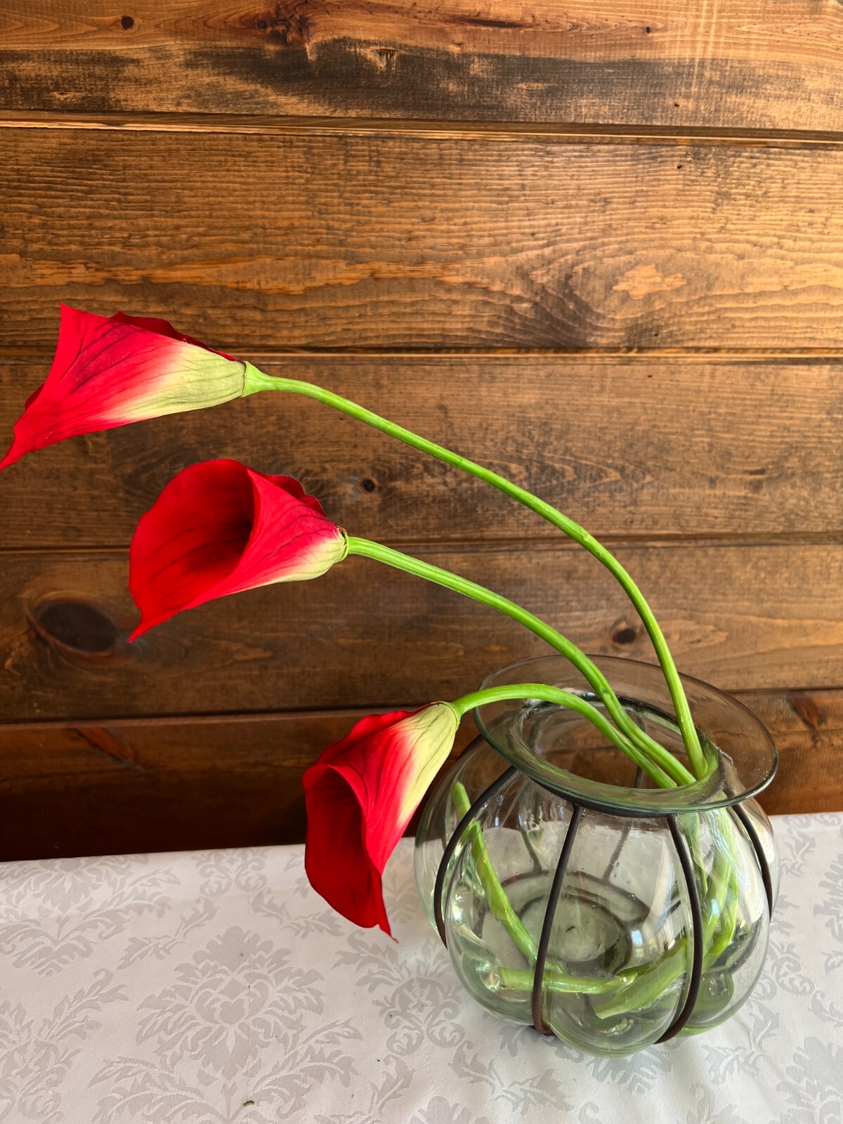 REDUCED!! Silk Flowers in a Vintage Glass Vase, red Artificial Calla Lillies