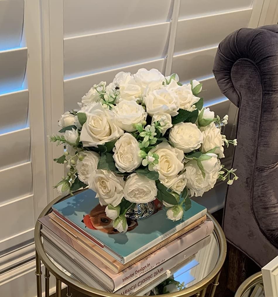 4 Bundles Artificial Peonies Silk Flowers, White Faux Peony Bouquet Florals