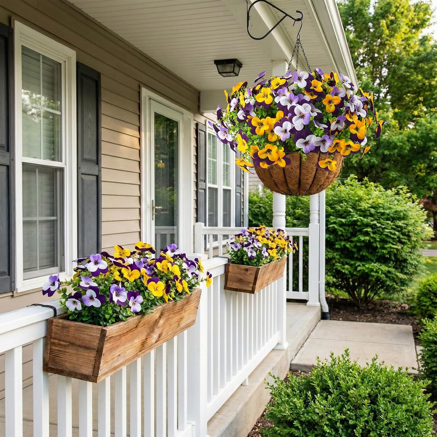 2 Set Artificial Outdoor Pansy Flowers W/ Hanging Baskets 2 Hanging Baskets W/