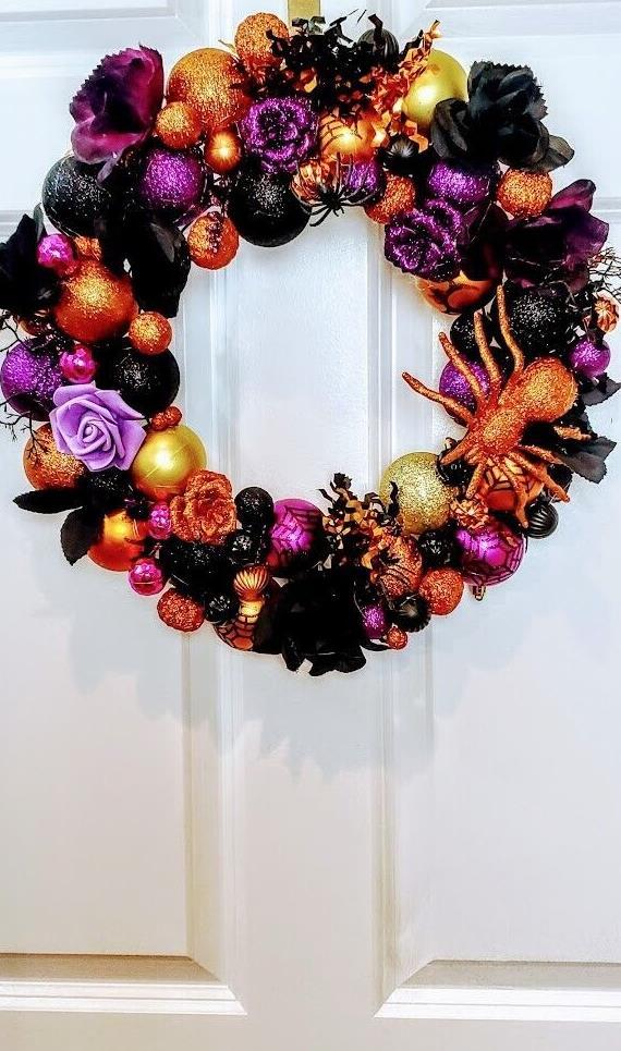 Halloween Ornament Wreath Large 18″ Handmade Front Door Glittered Rose Decor
