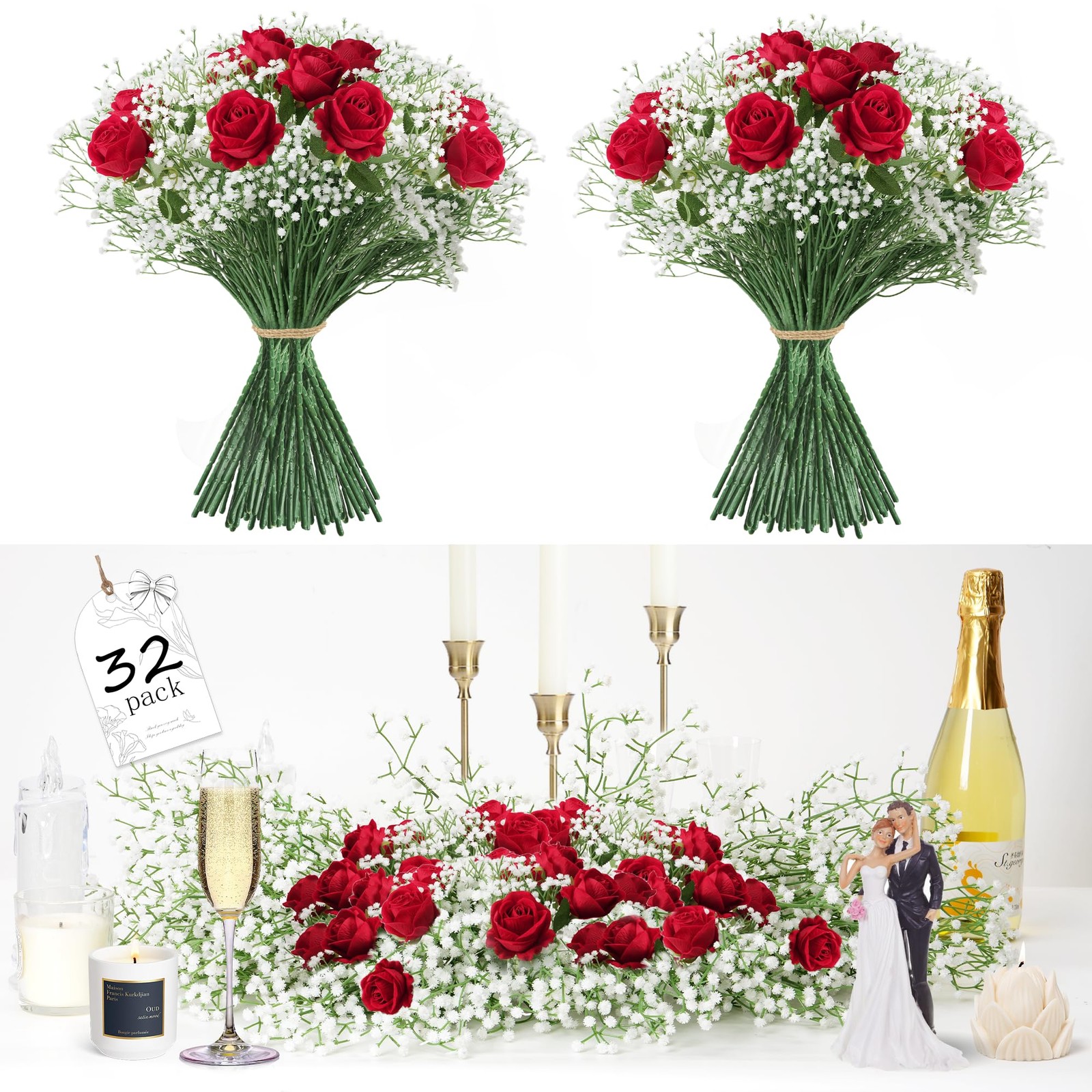 20Pcs Babys Breath Artificial Flowers Bulk, 12Pcs Fake Red Roses, DIY Wedding…