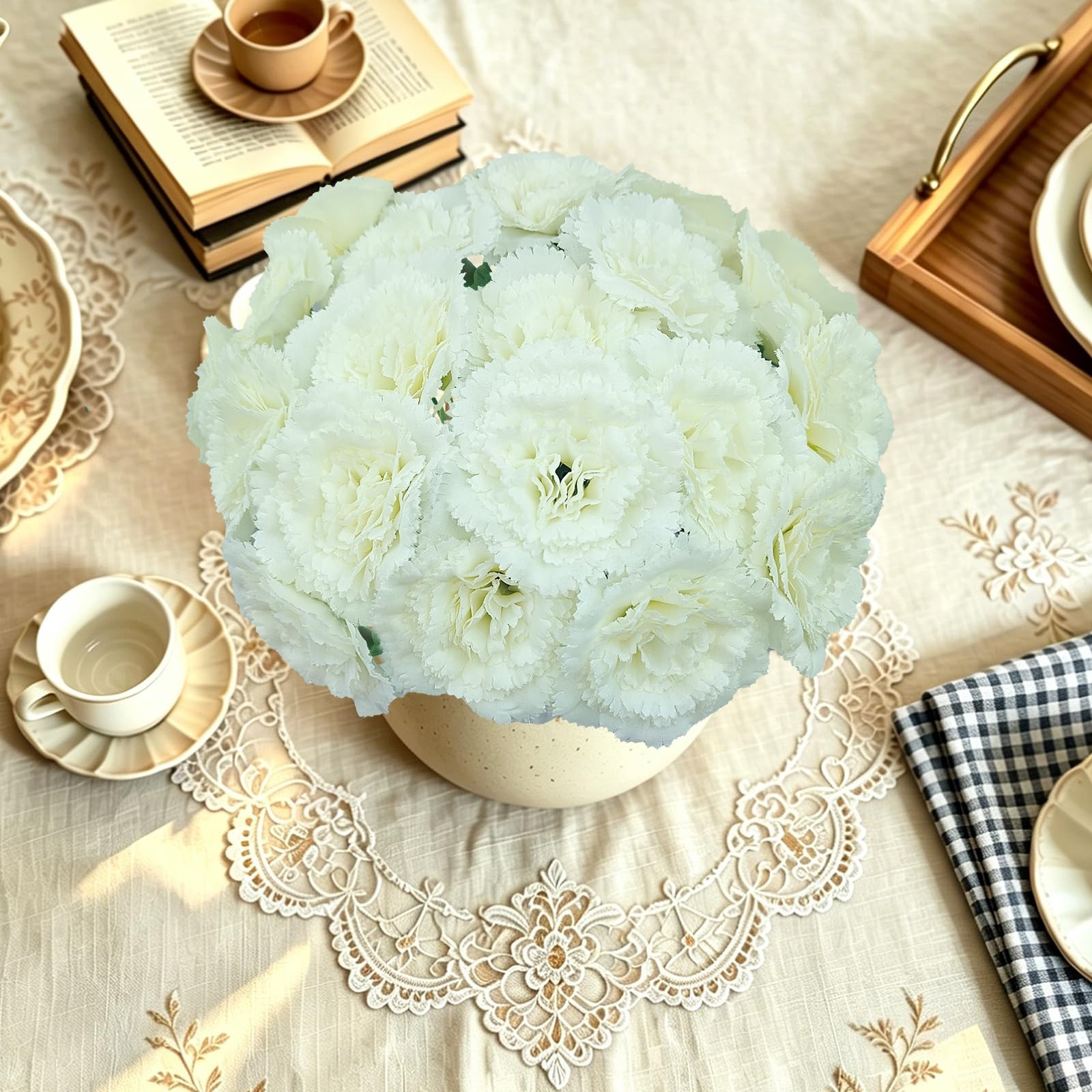 24 Pcs White Carnations Artificial Flowers with Stems, 11.4 Inches Faux Silk …