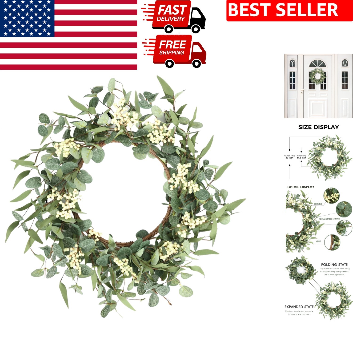 Lifelike 22-Inch Eucalyptus Wreath for All-Season Home Decor