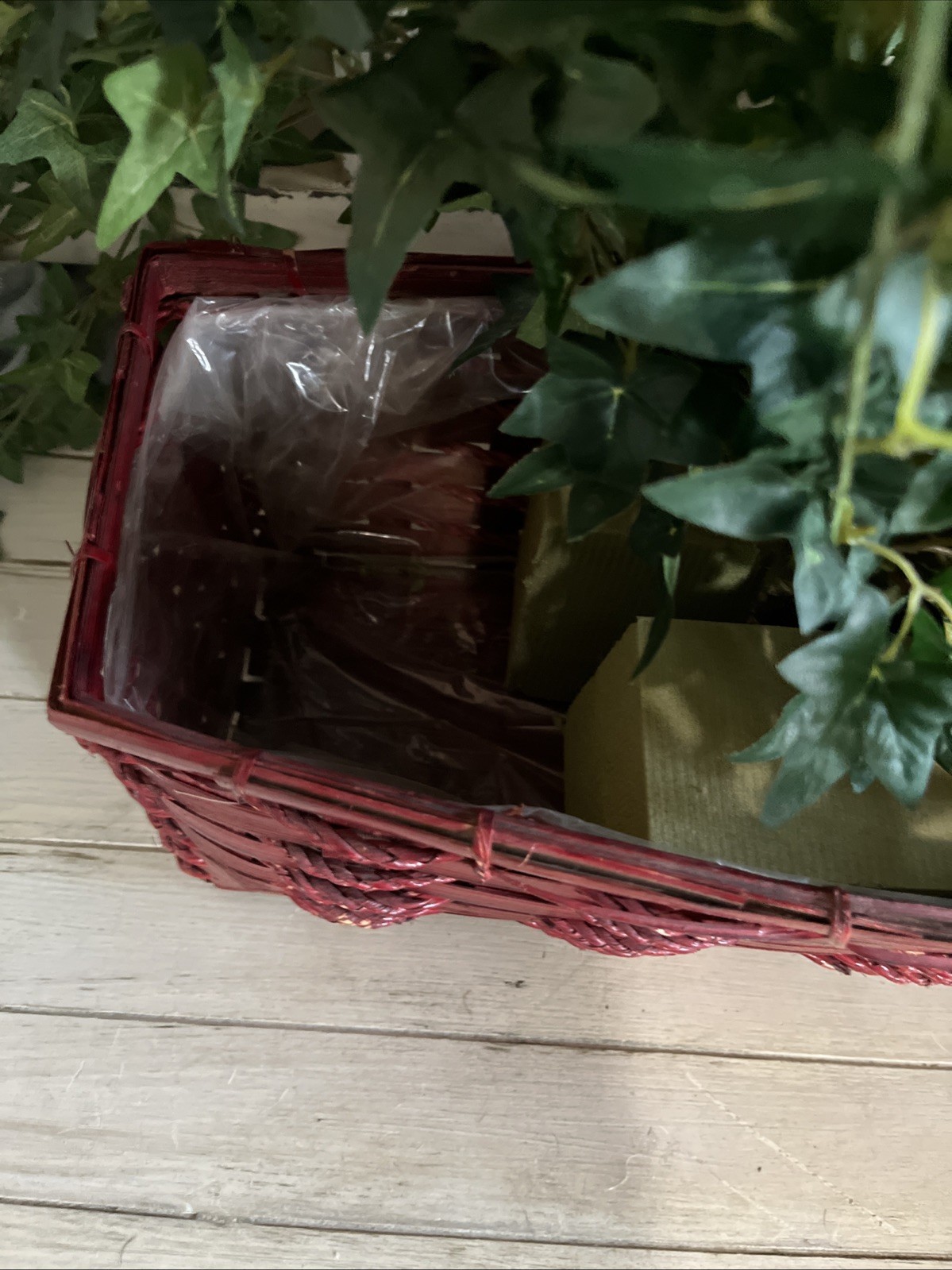 Faux Ivy In Red Wicker Basket 19”W x6 1/2”Dx6 3/8”H W/ Plant 19”H x58”W Used