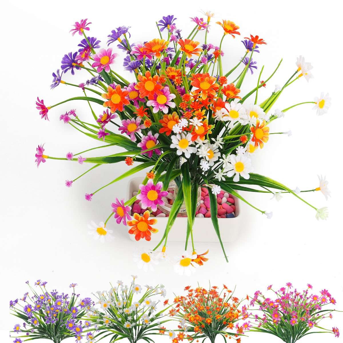 1/2/5 Bundles Artificial Daisies Plastic Flowers Outdoor UV Resistant Fake Daisy
