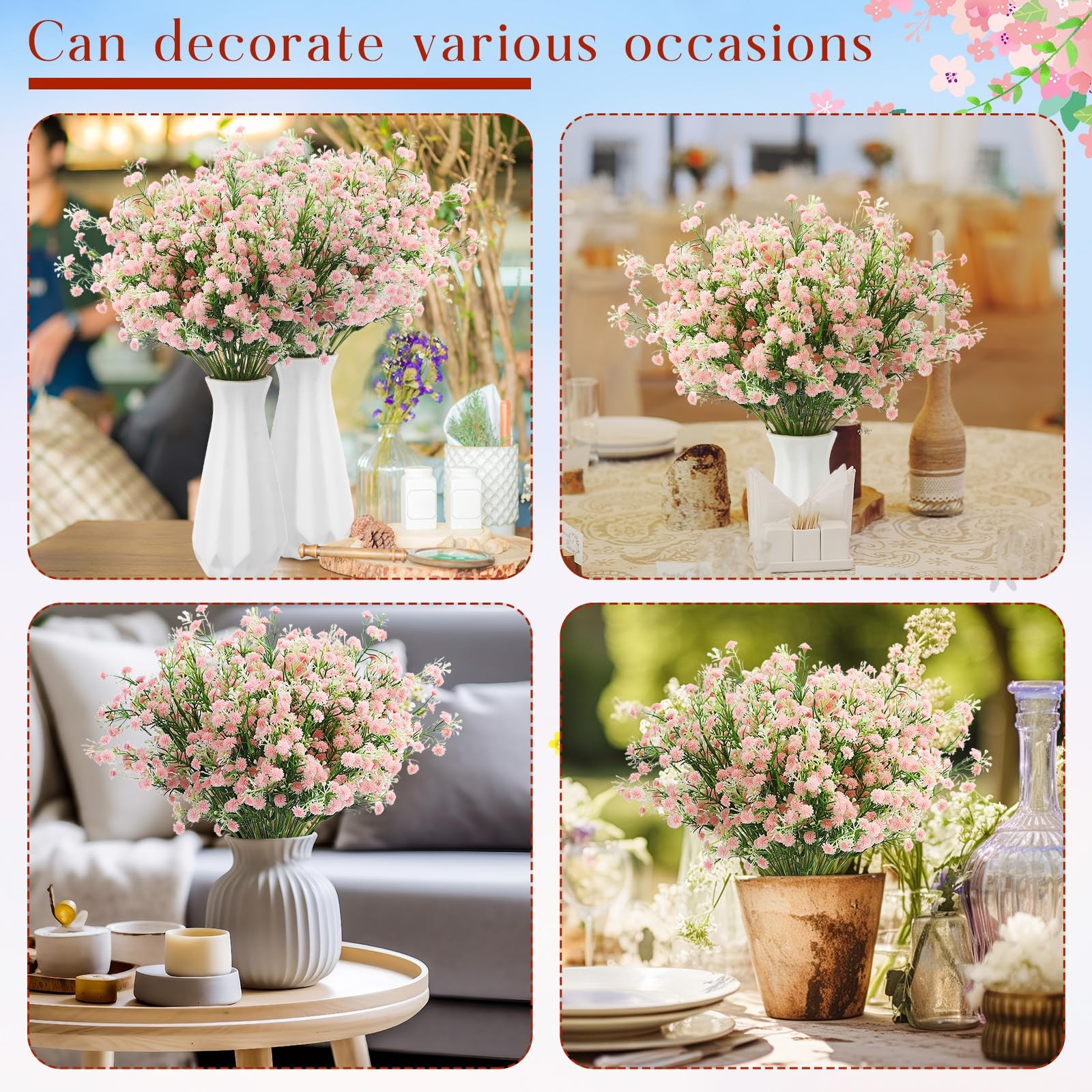 12 PCS Light Pink Baby’s Breath Artificial Flowers Faux Gypsophila Bouquet