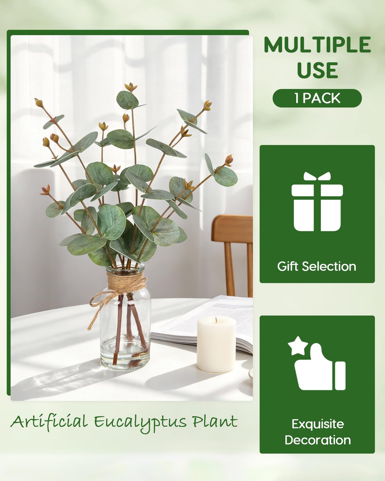 Faux Eucalyptus Stems in Vase with Faux Water, Fake Plants Artificial Eucalyp…