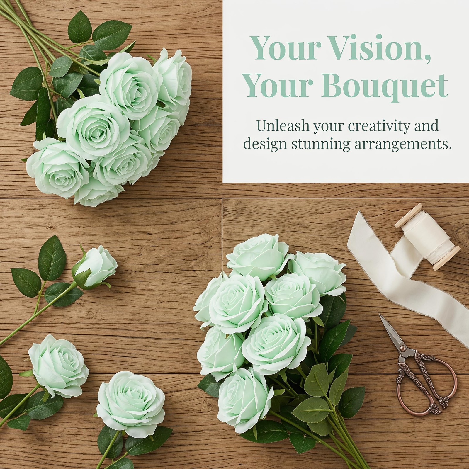 52pcs Light Green Roses Artificial Flowers Green Fake Flowers Silk Roses with…