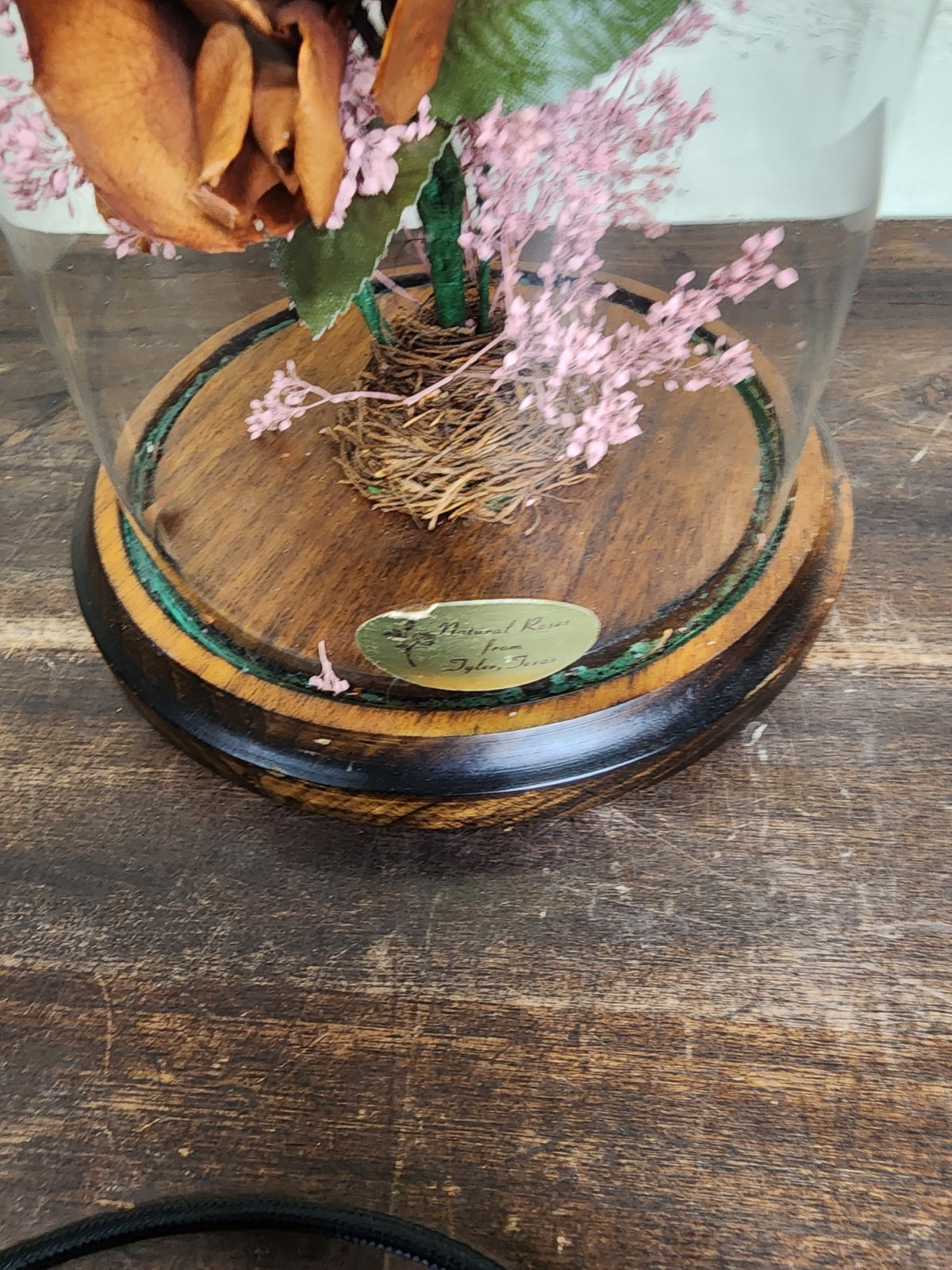 Vintage NATURAL ROSES TYLER TX Dried Flower Glass Dome Cloche Arrangement