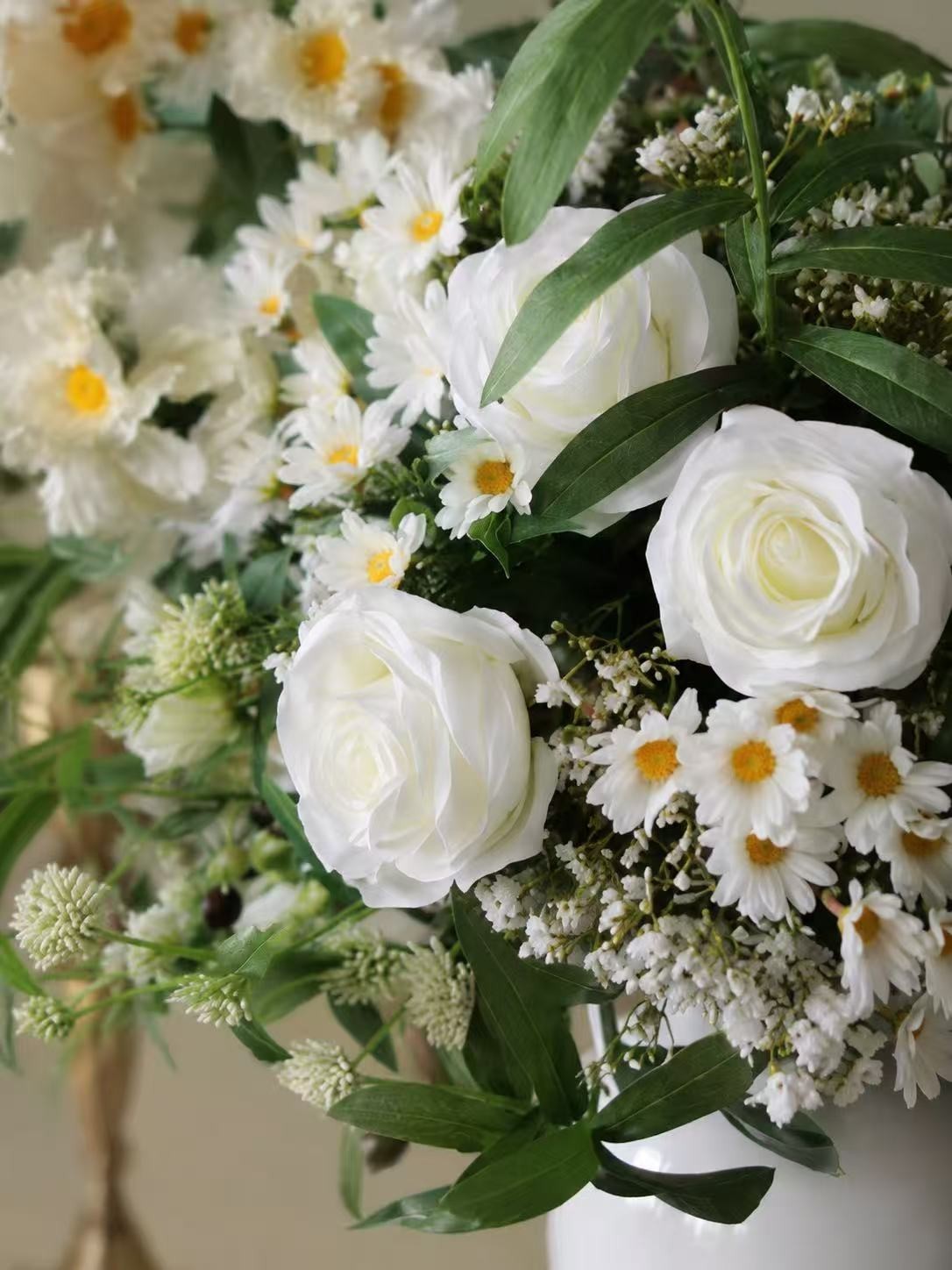 Luxury White Daisy Rose Floral Arrangement Faux Flower Centerpiece Decor
