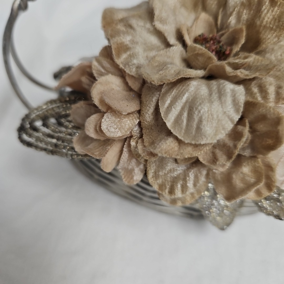 Silver Metal Flower Basket with Beaded Leaves & Velvet Flowers