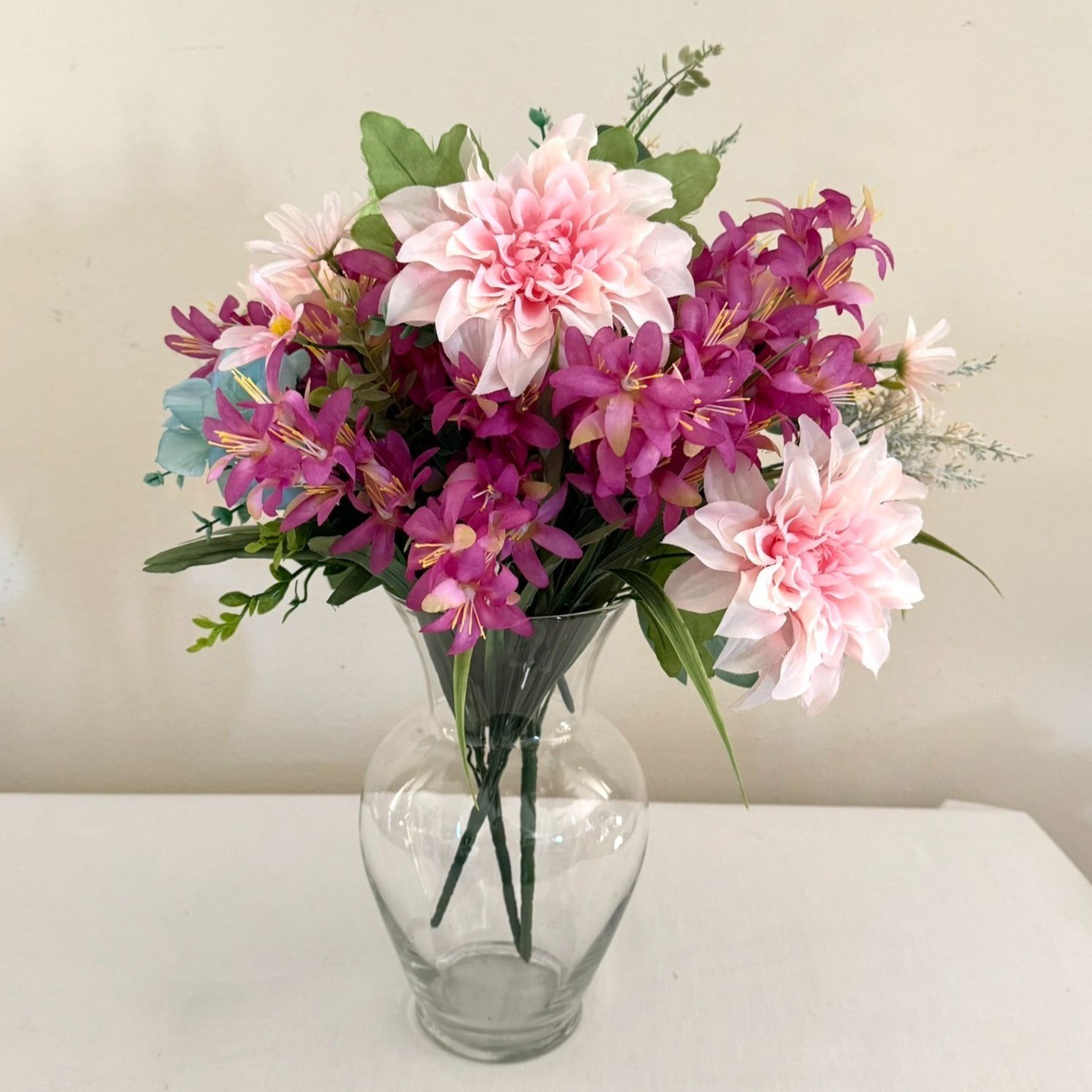 Upcycled Handcrafted Artificial Floral Arrangement Blue Green Pink Flowers OOAK