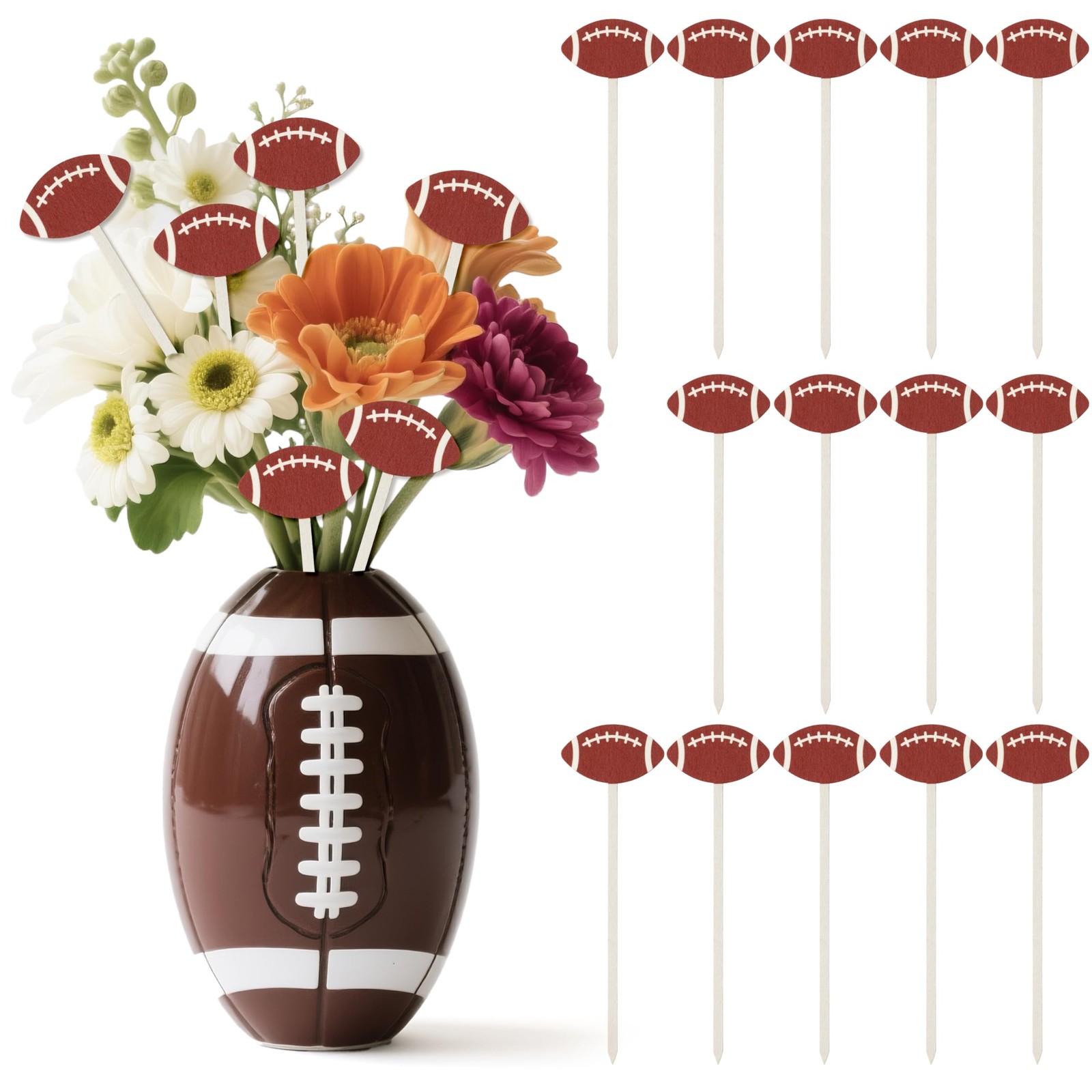 Football Floral Wooden Picks 14 PCS Double-Sided Flower Decorative Vase Sport