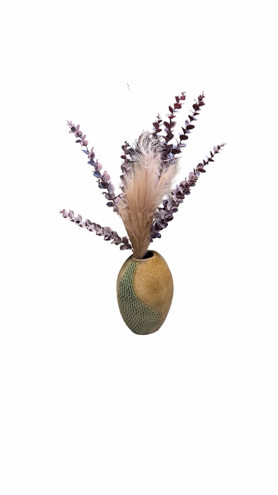 Modern Textured Ceramic Vase w Faux Pampas Eucalyptus Floral Arrangement