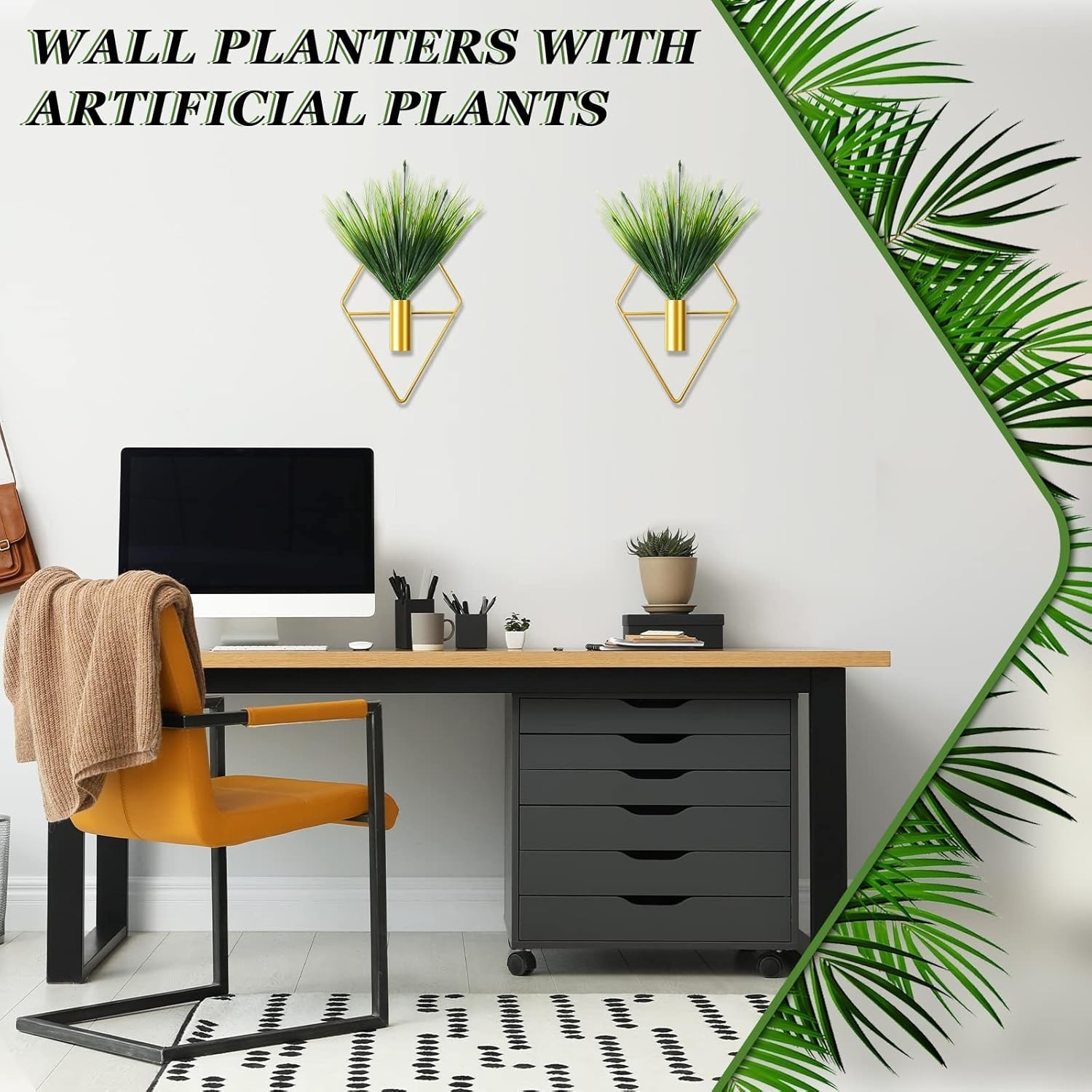 2 Pieces Gold Wall Decor Hanging Planters with Artificial Plants Metal Vase I…