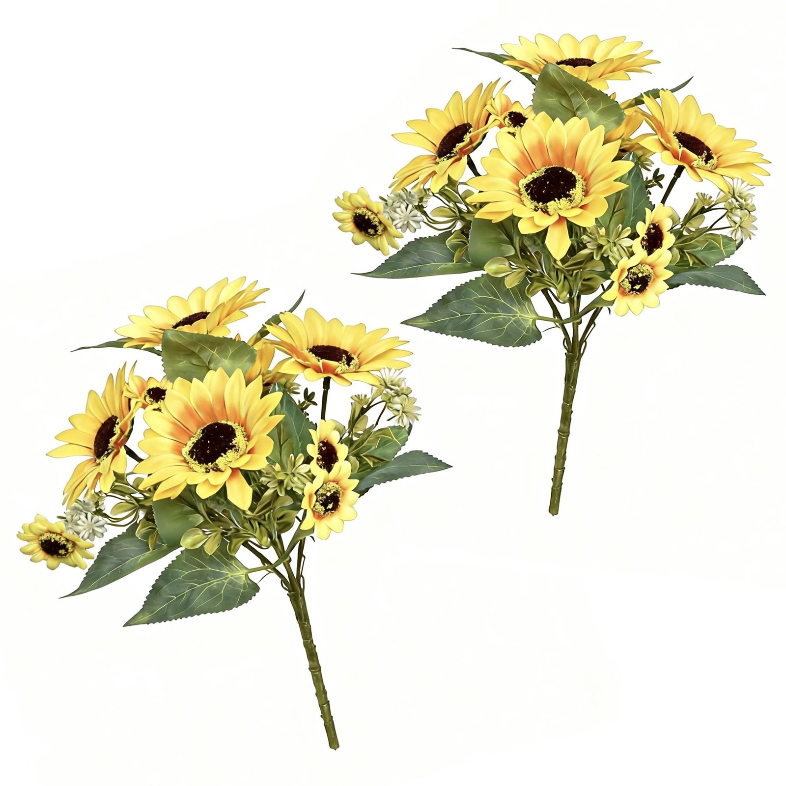 Artificial Sunflower Bouquets 2 Pack 12 Inch Faux Flowers 5 Large Heads Green Le
