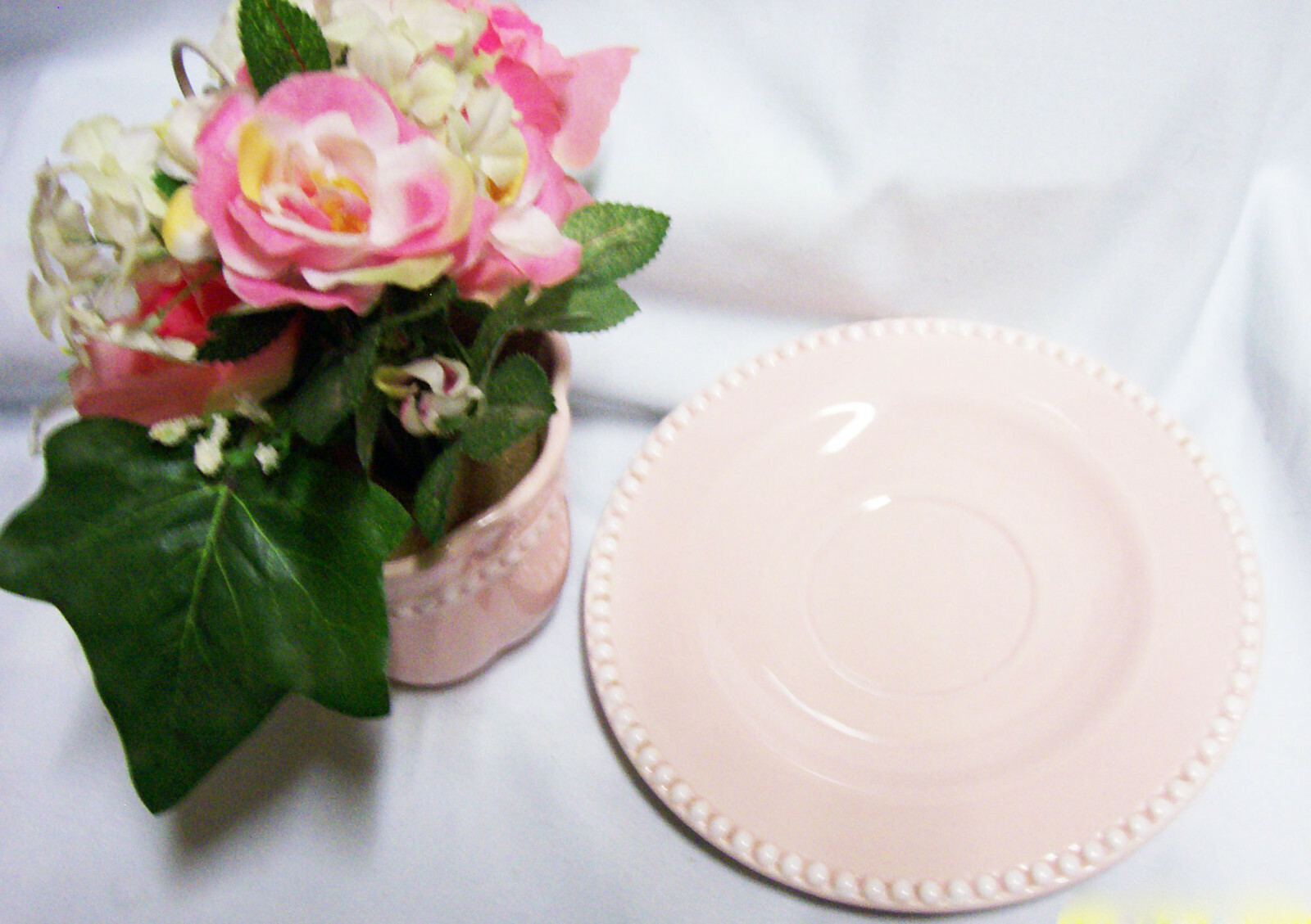CUP & SAUCER SET FIGIS 3″ H Unique w/Artificial Pink & White Flowers 2009 (A1)