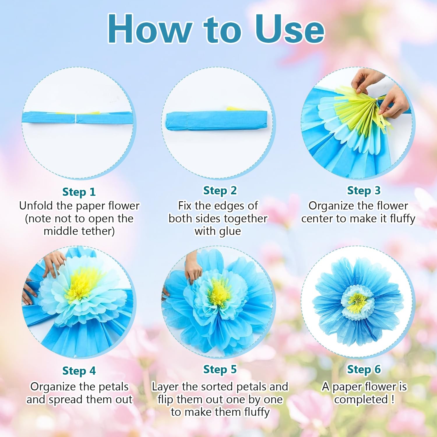 6 PCS Colorful Giant Paper Flowers 39.4/31.5/23.6 Inch Wall Decoration