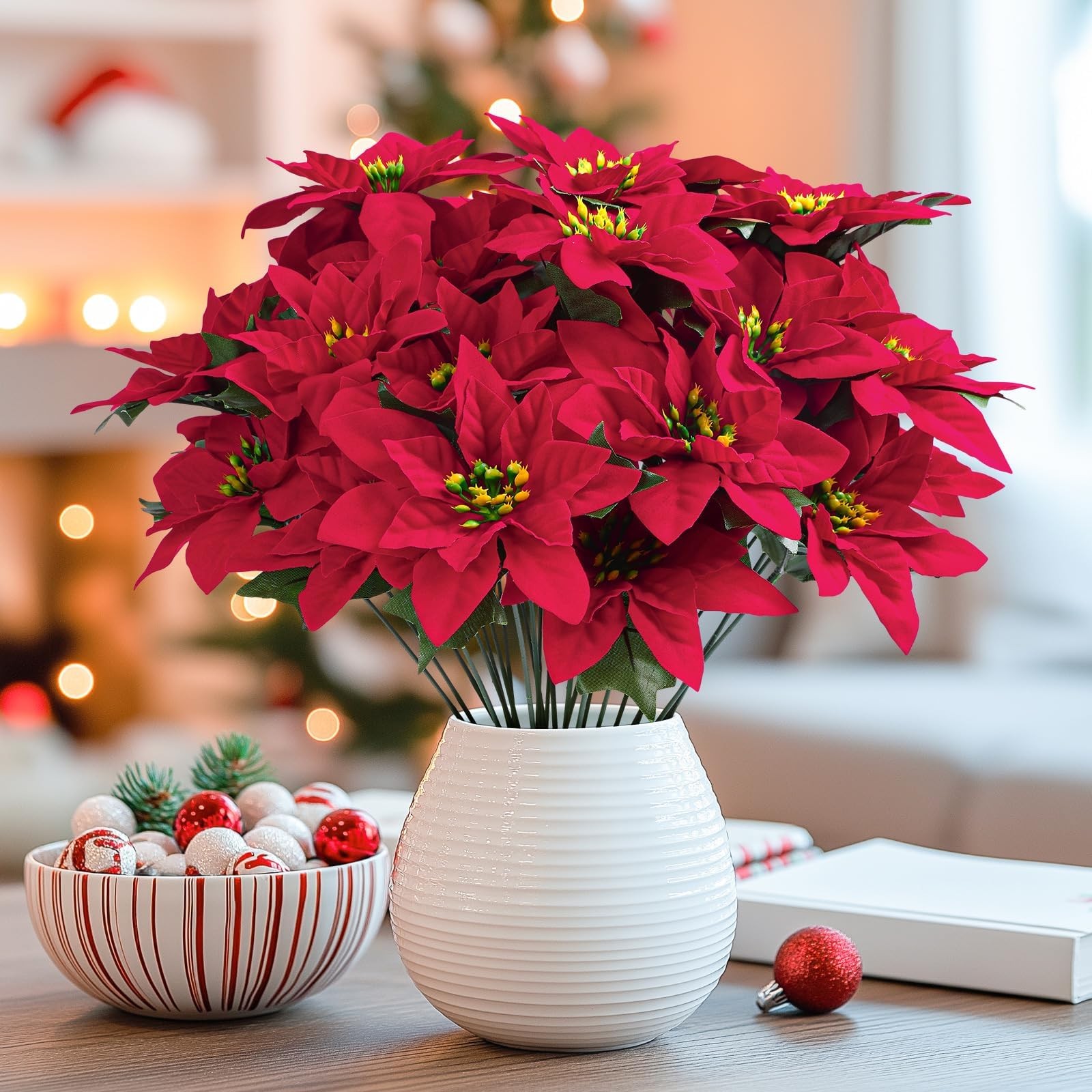 8 Pack 7 Heads 17in Poinsettia Christmas Flowers Artificial Velvet Fake Poins…