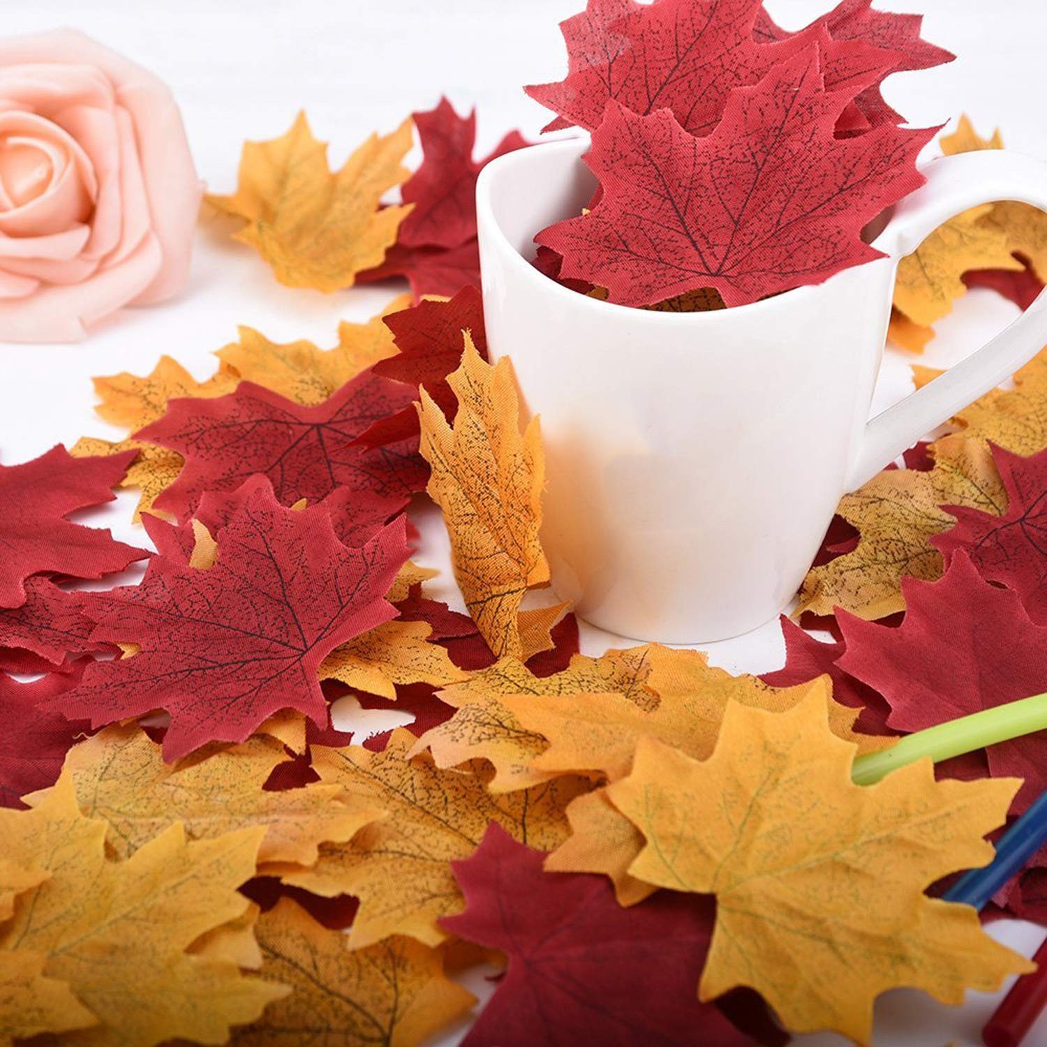 Whaline 300 Pieces Fall Artificial Maple Leaves Faux Autumn Colored Mixed Fake