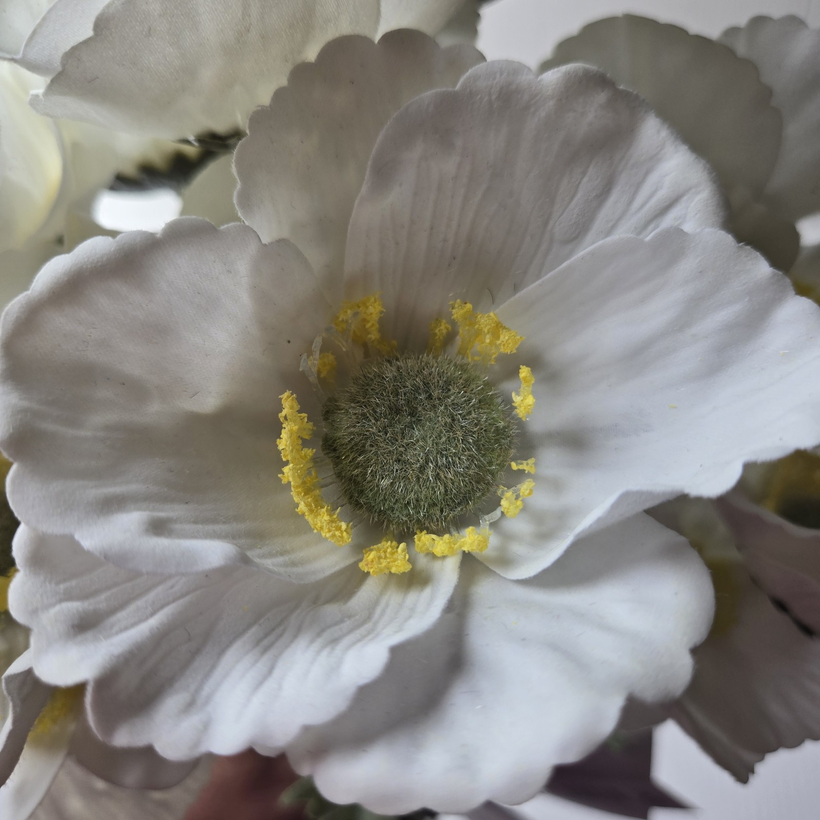 My Texas House Floral Stems, 4 Faux White Poppies w/yellow centers, Artificial