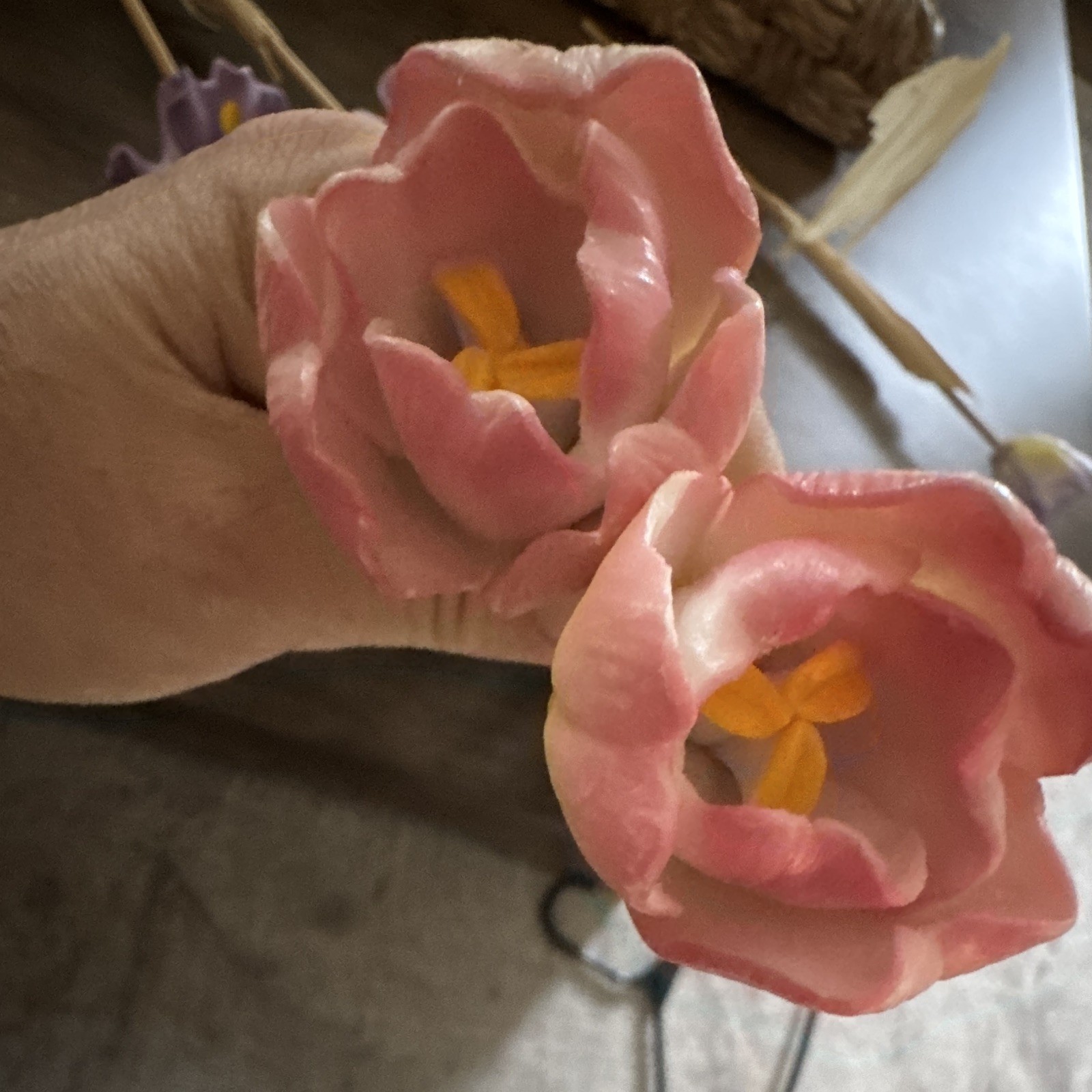 Porcelain Tulip Flower Stem Twigs Decor Purple Pink Yellow Floral