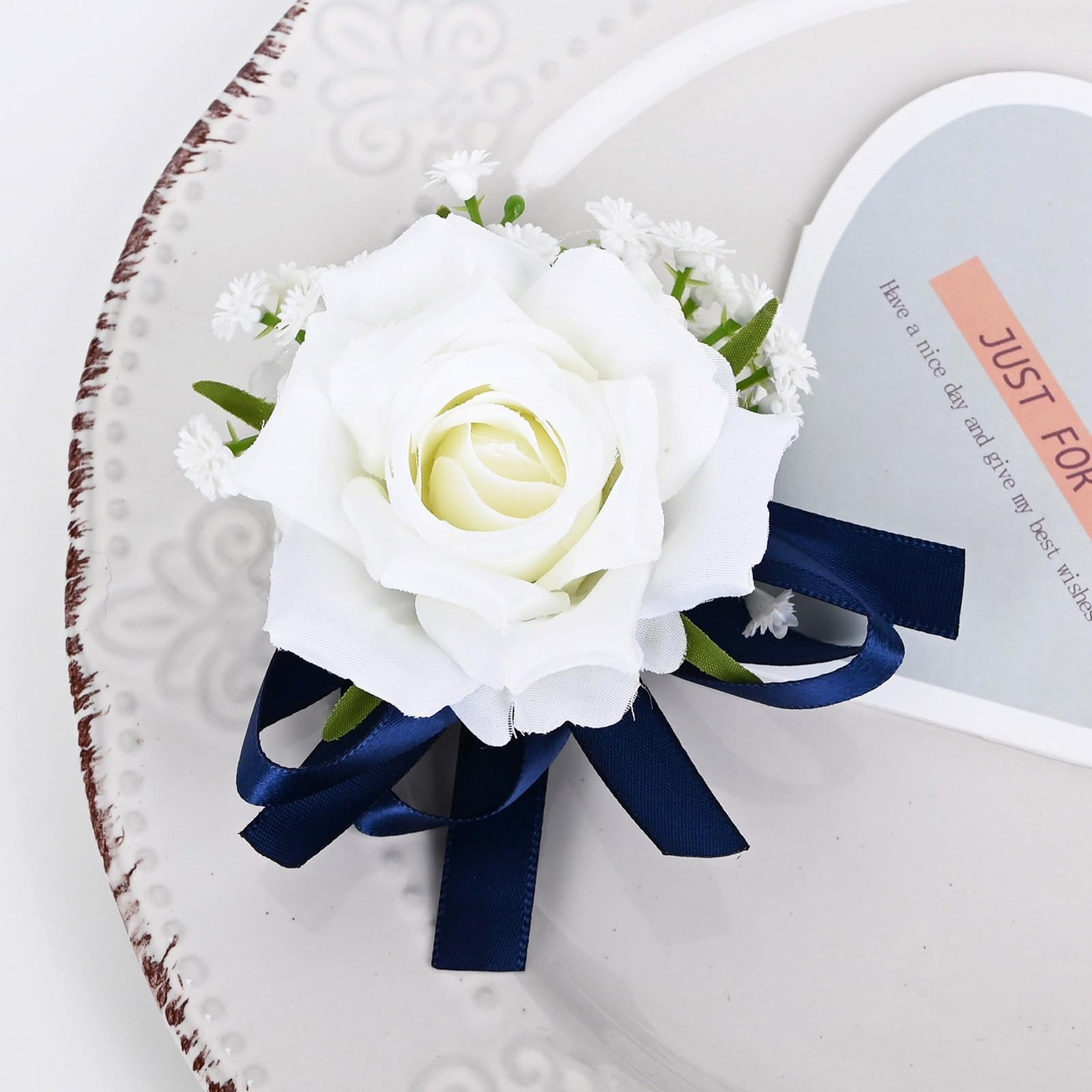 2 PCS Boutonniere Corsage Set Artificial Rose Groom Prom White Navy Blue