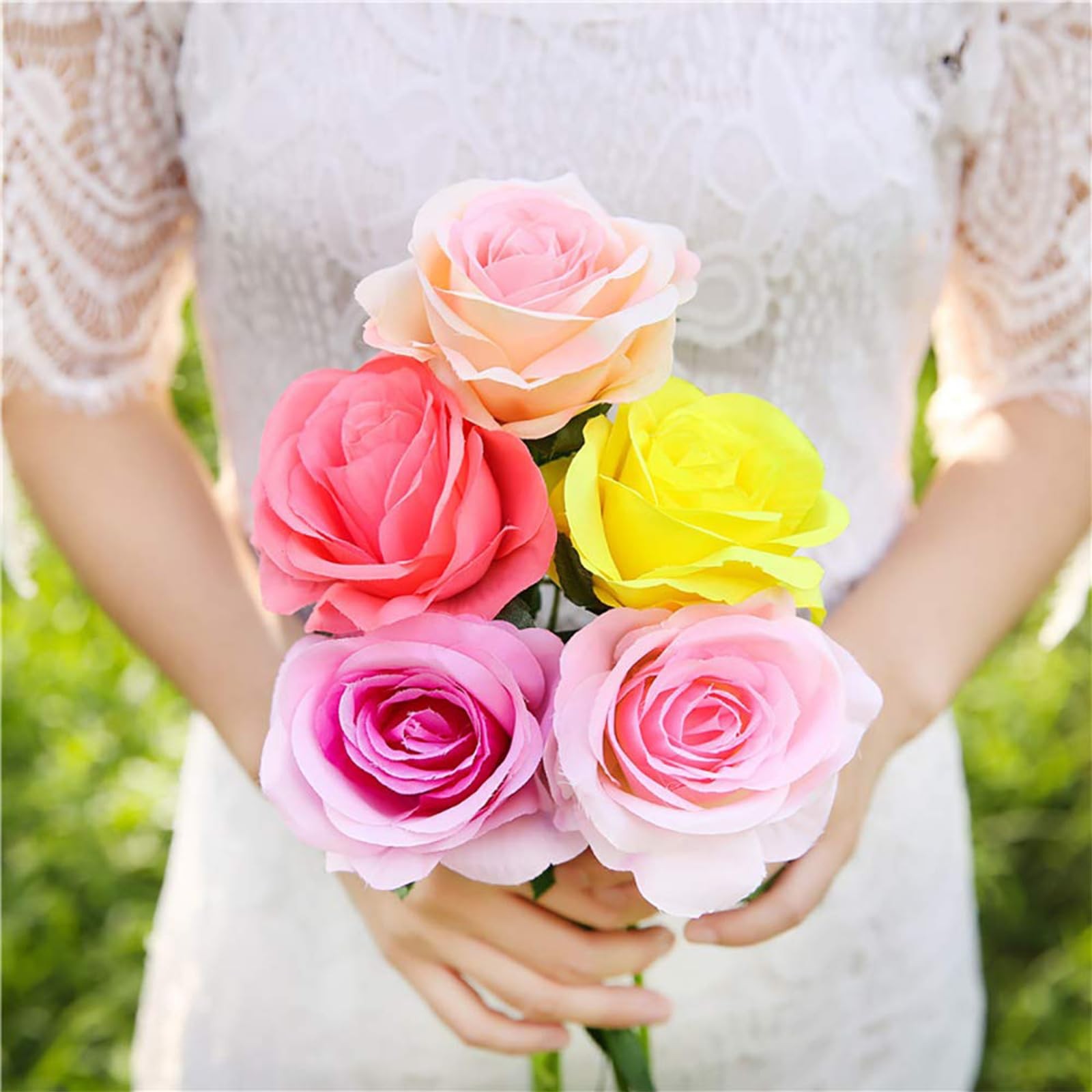 Multicolor Artificial Silk Rose Flower Realistic Fake Flowers Bouquet 10 Pcs