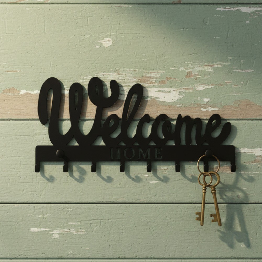 Stylish Black Metal Welcome Wall Mounted Key Holder Entryway Decor Gift
