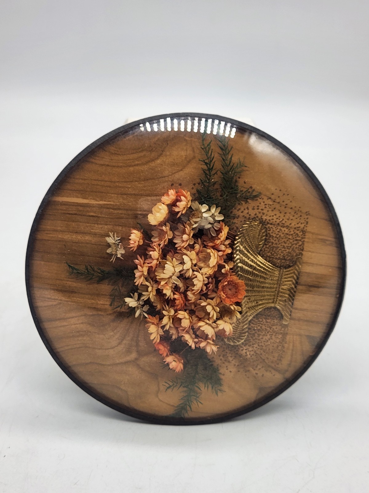 Vintage Dried Flower Basket Convex Bubble Glass Picture Frame Wall Art 4.5″
