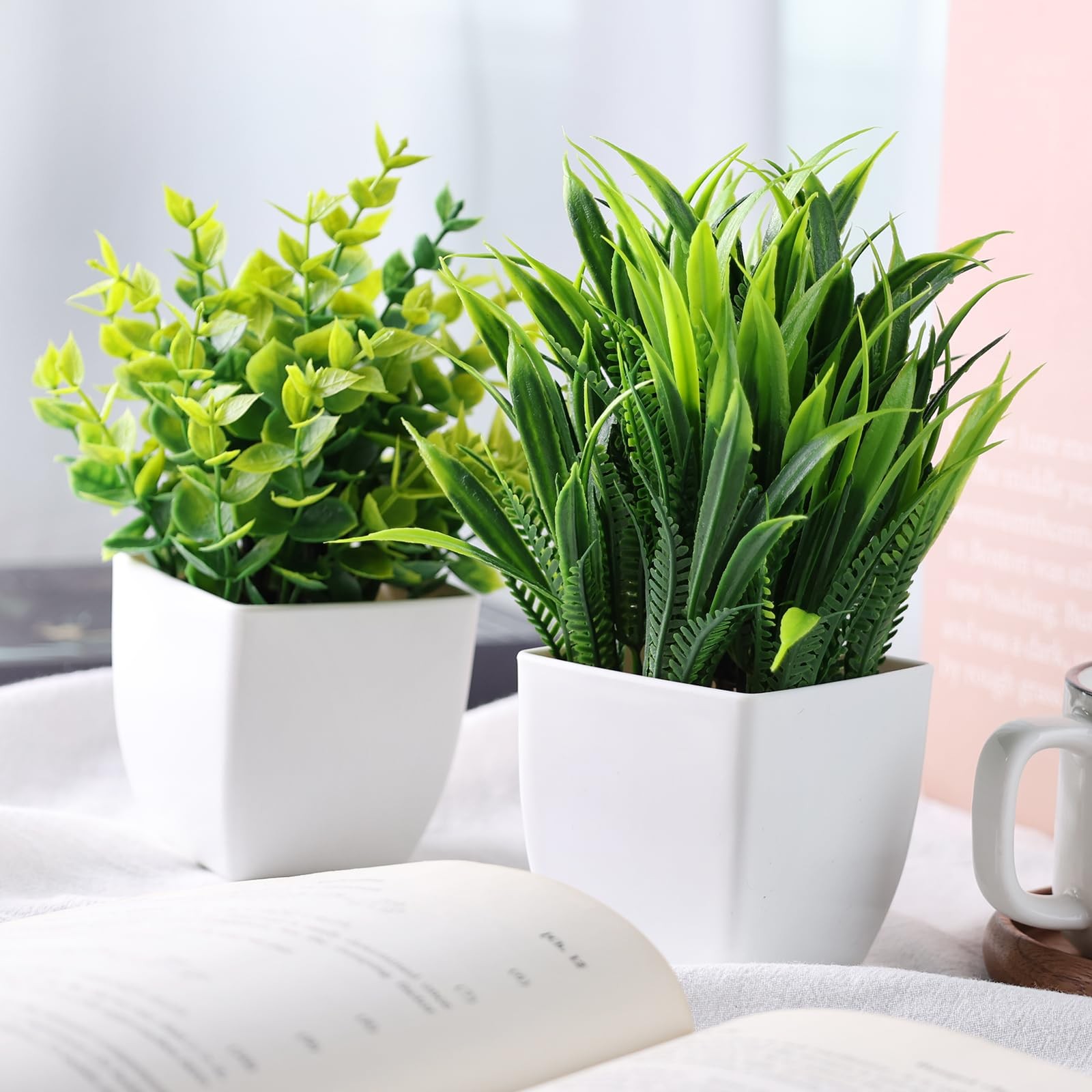 2 PCS Small Fake Indoor Greenery Plants Potted Faux Desktop Shelf Home Decor