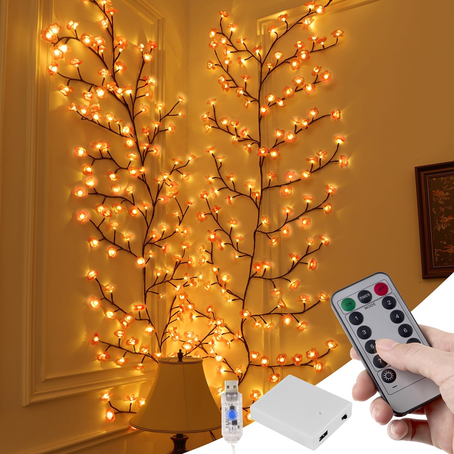 Cherry Blossom Vine Lights for Wall, 4FT 48 LED Pink Flower Lighted Willow Vi…
