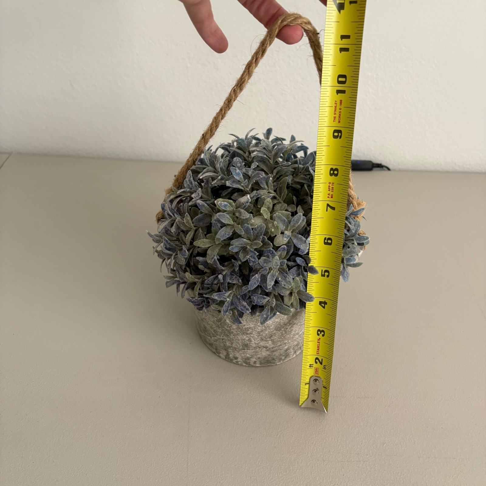 Faux Frosted Greenery Plant in Rustic Gray Pot with Jute Rope Handle Farmhouse