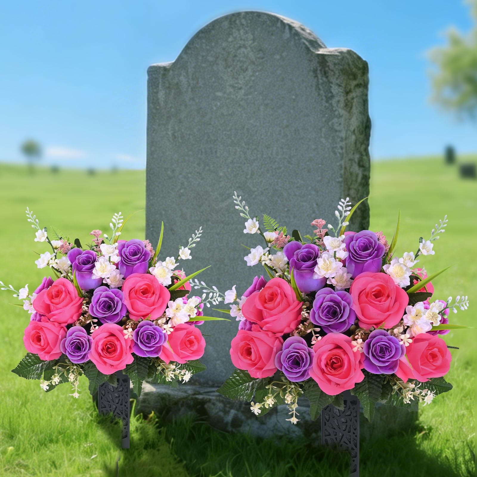 2 Sets Artificial Cemetery Flowers for Grave, Realistic Grave Flowers for Cem…