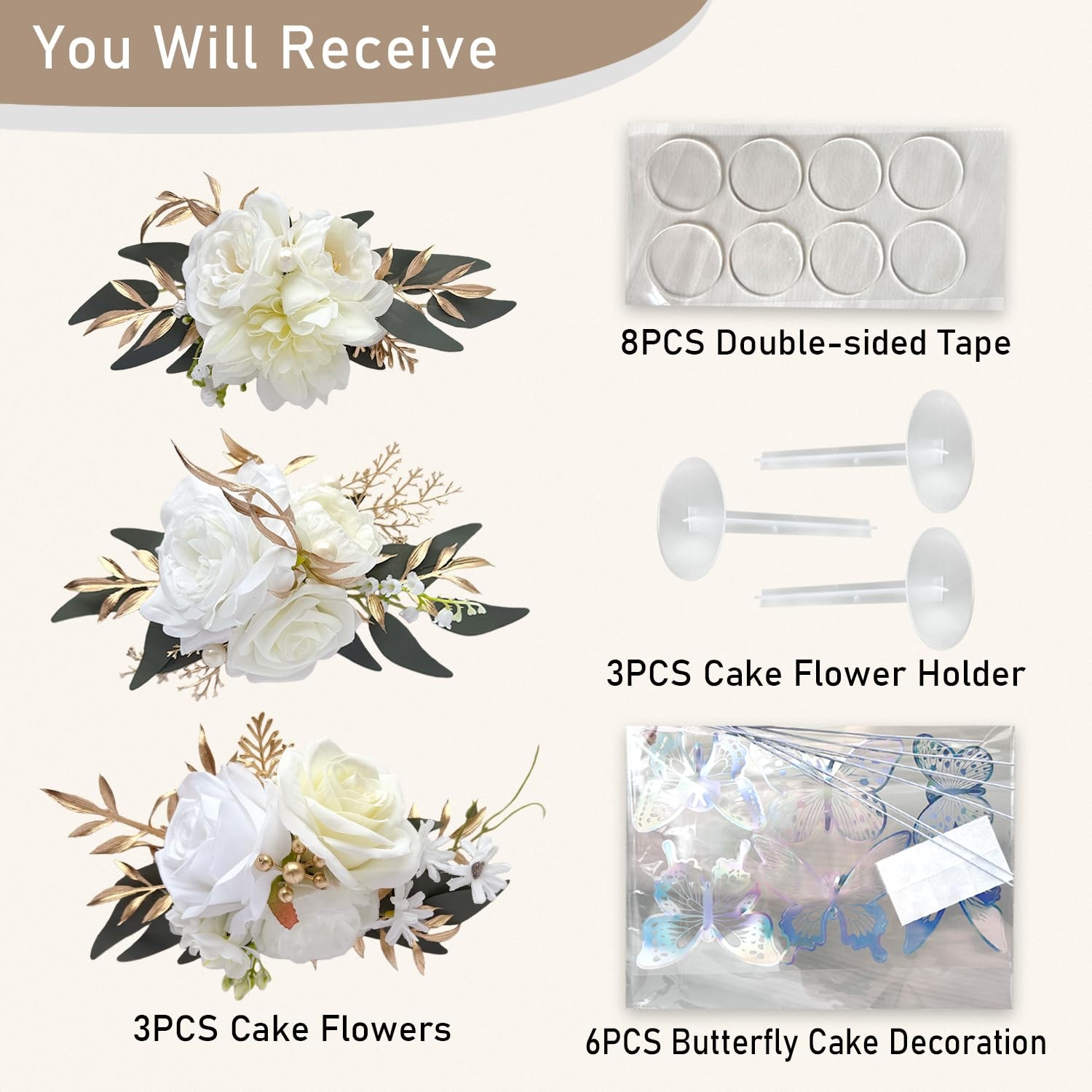 Pre-made Ivory White Gold Flower Cake Topper Decorations Artificial Flowers f…