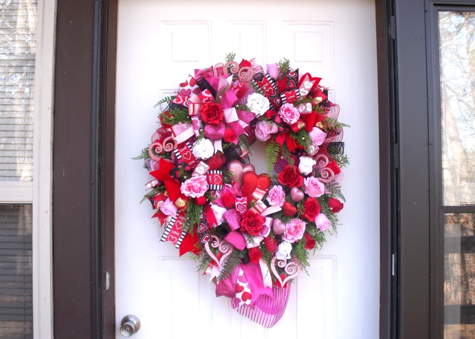 Valentine Ribbons & Roses Wreath-Hearts-Greenery, Reds/Pinks/White-Door or Wall