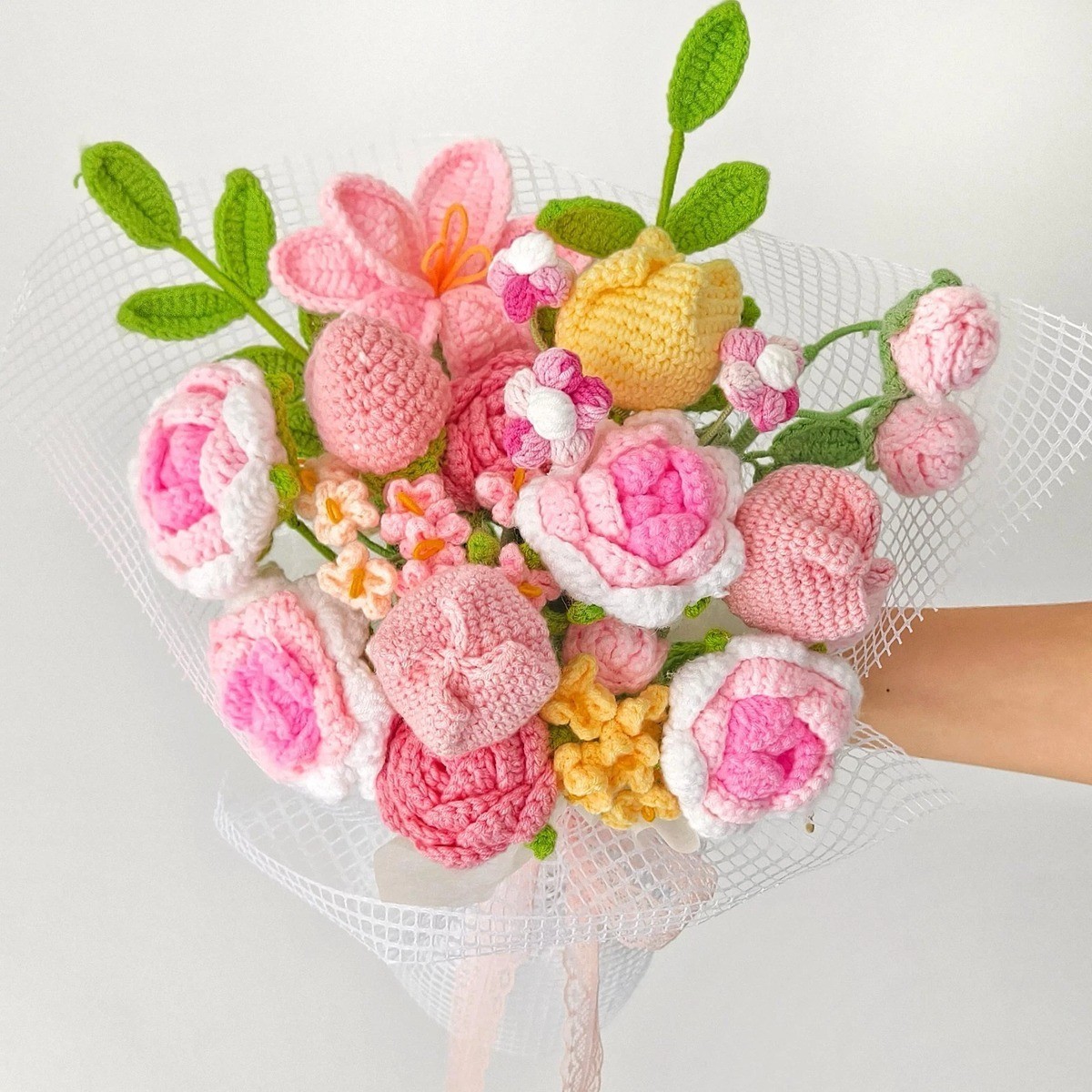 Pink Rose Lily Crochet Bouquet Birthday Anniversary Gift for Her