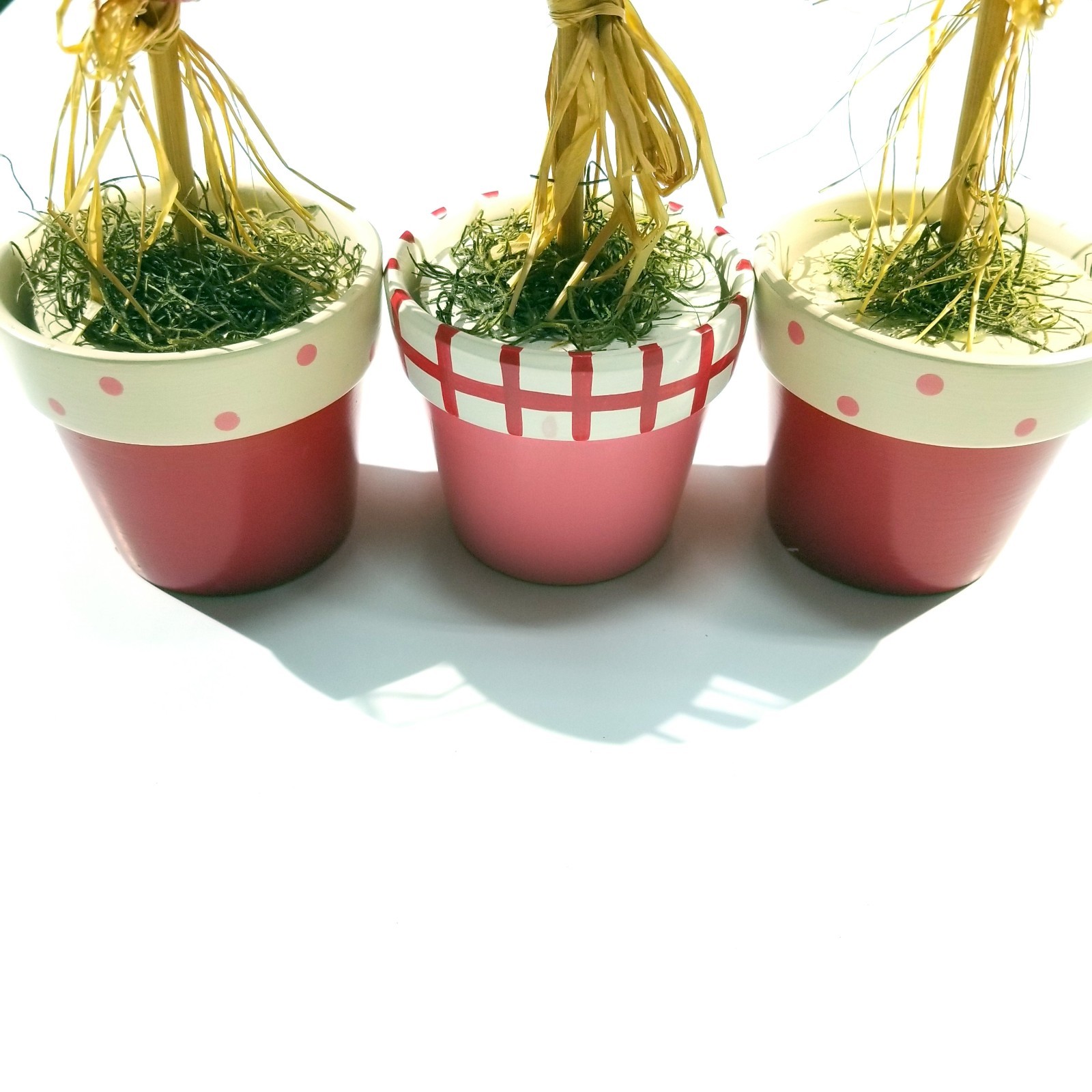 Lot of 3 Heart Topiary Decor Red Pink Polka Dot Striped Pots 9” Valentine Decor