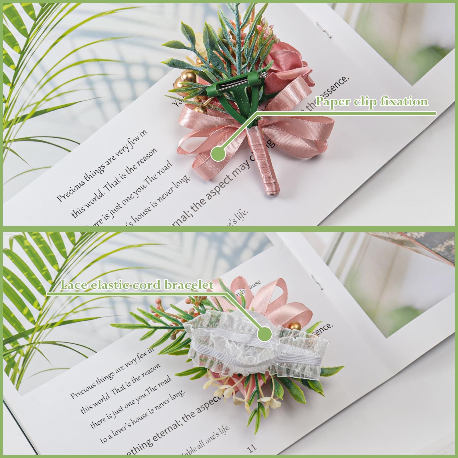 2 PCS Pink Artificial Rose Wrist Corsage Boutonniere Set Wedding Prom Decor