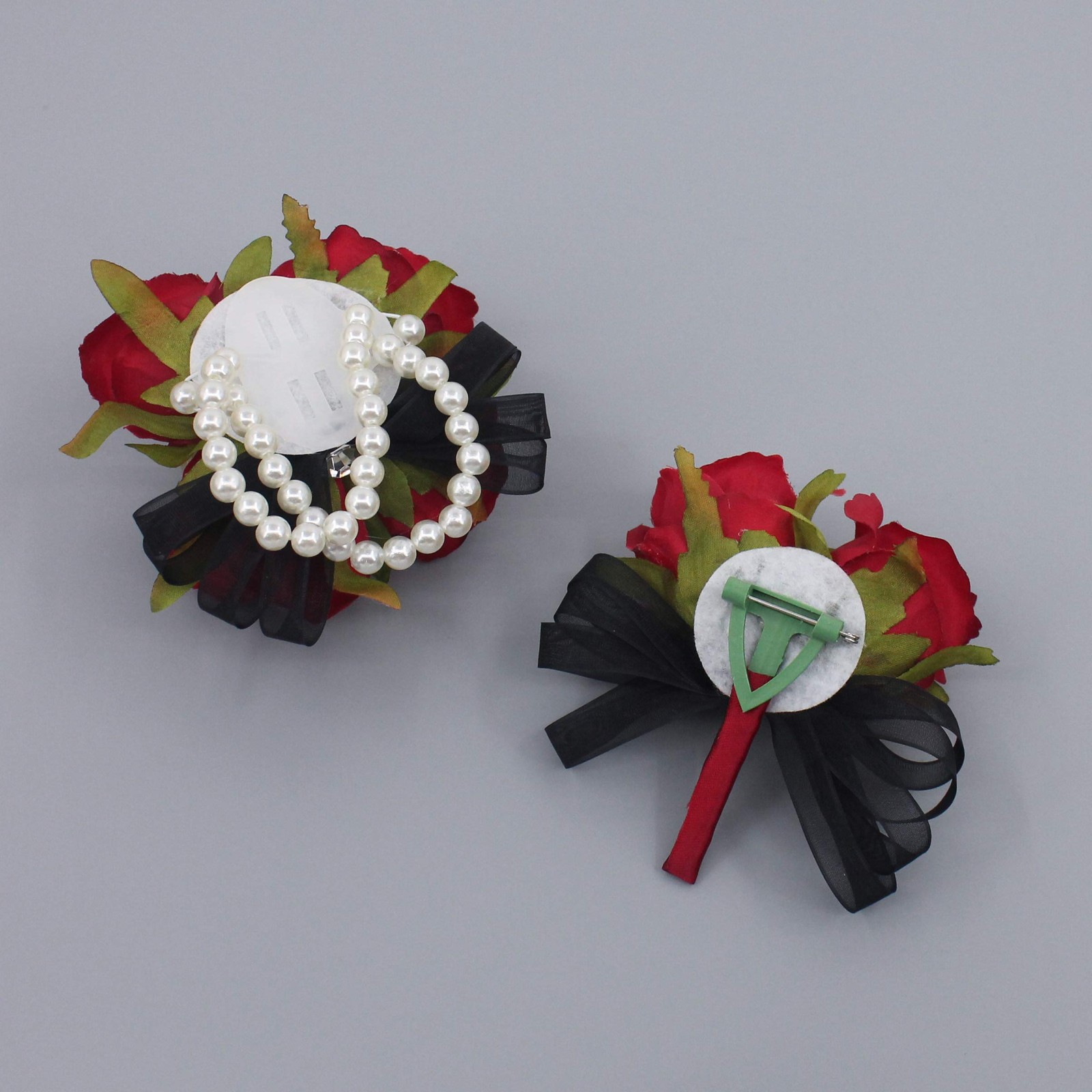 Prom Rose Corsage Boutonniere Set Real Touch Flowers Lace Bow Decor Red