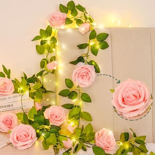2 Pcs Flower Garland with 19.6 Ft Lights, 13.2 Ft Pink 2 Pack Pink With Lights