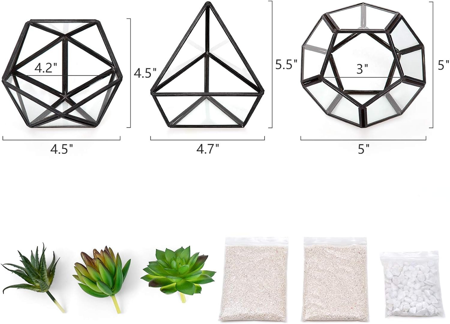 Artificial Succulent in 3 Pack Mini Glass Geometric Terrarium, Miniature Potted