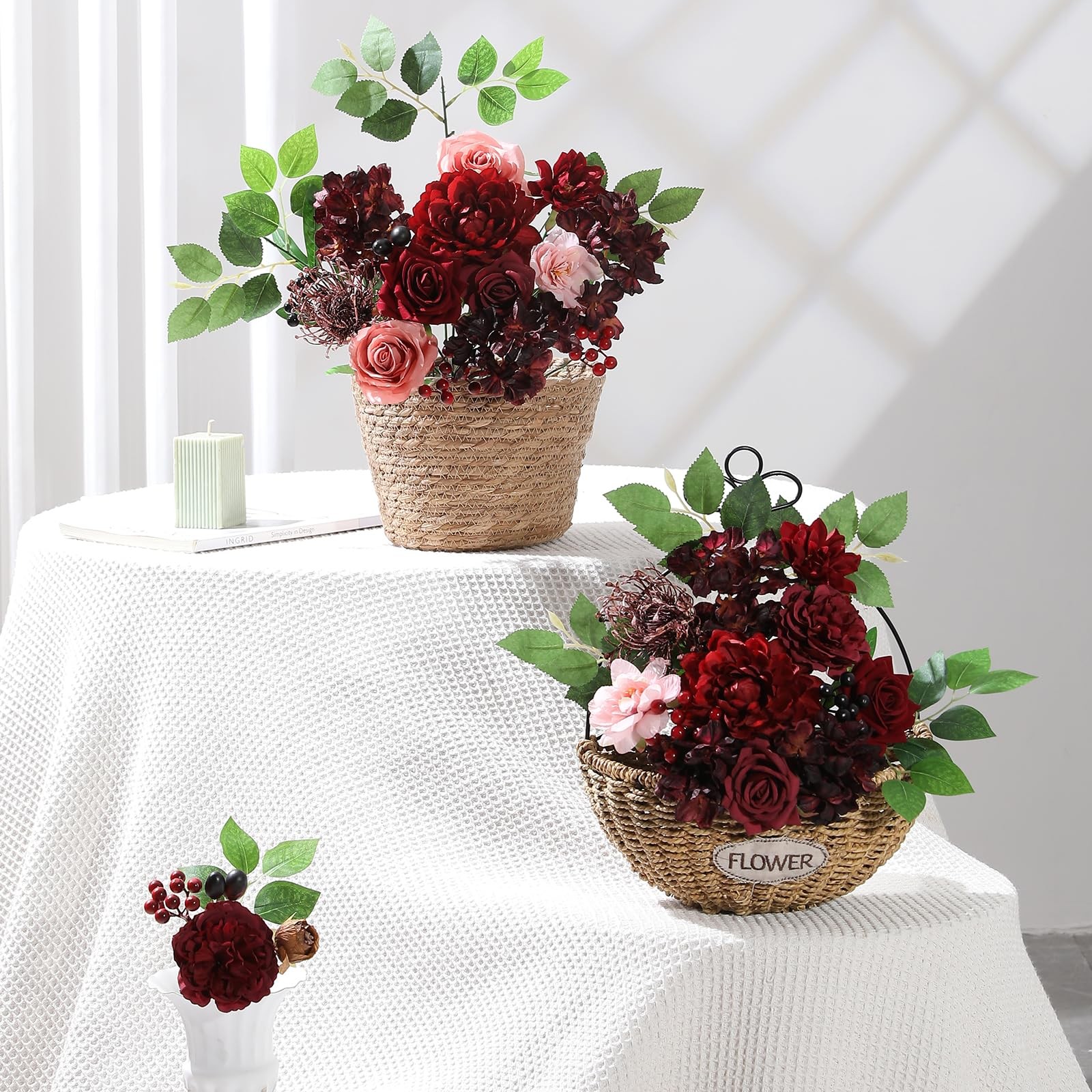Mature Burgundy Silk Artificial Flowers Combo Box Set Wedding Bouquet Decor