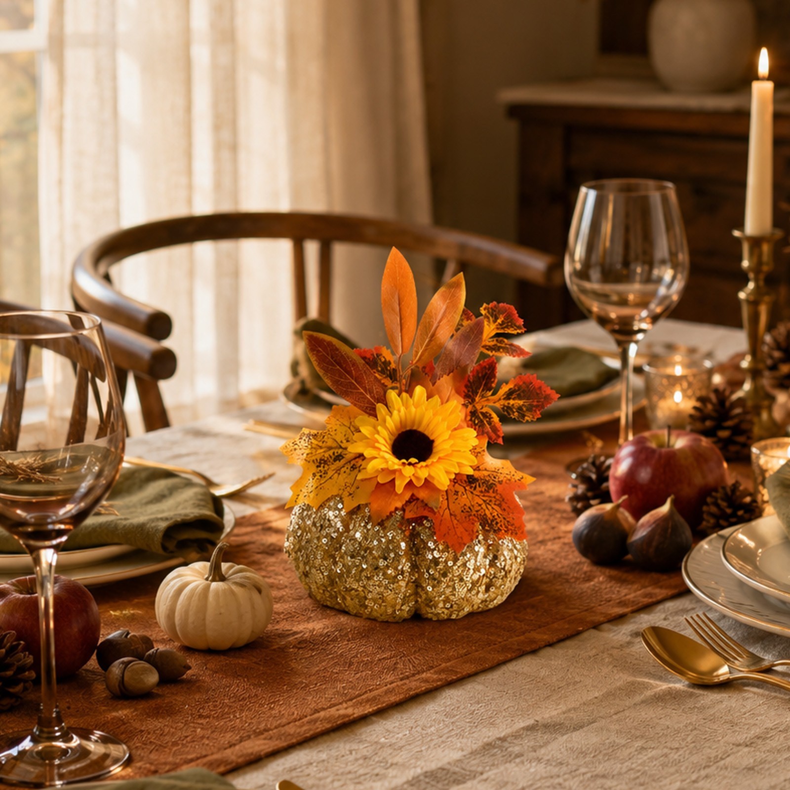 Table Centerpiece: Glitter Pumpkin with Silk Dahlias and Printed Leaves