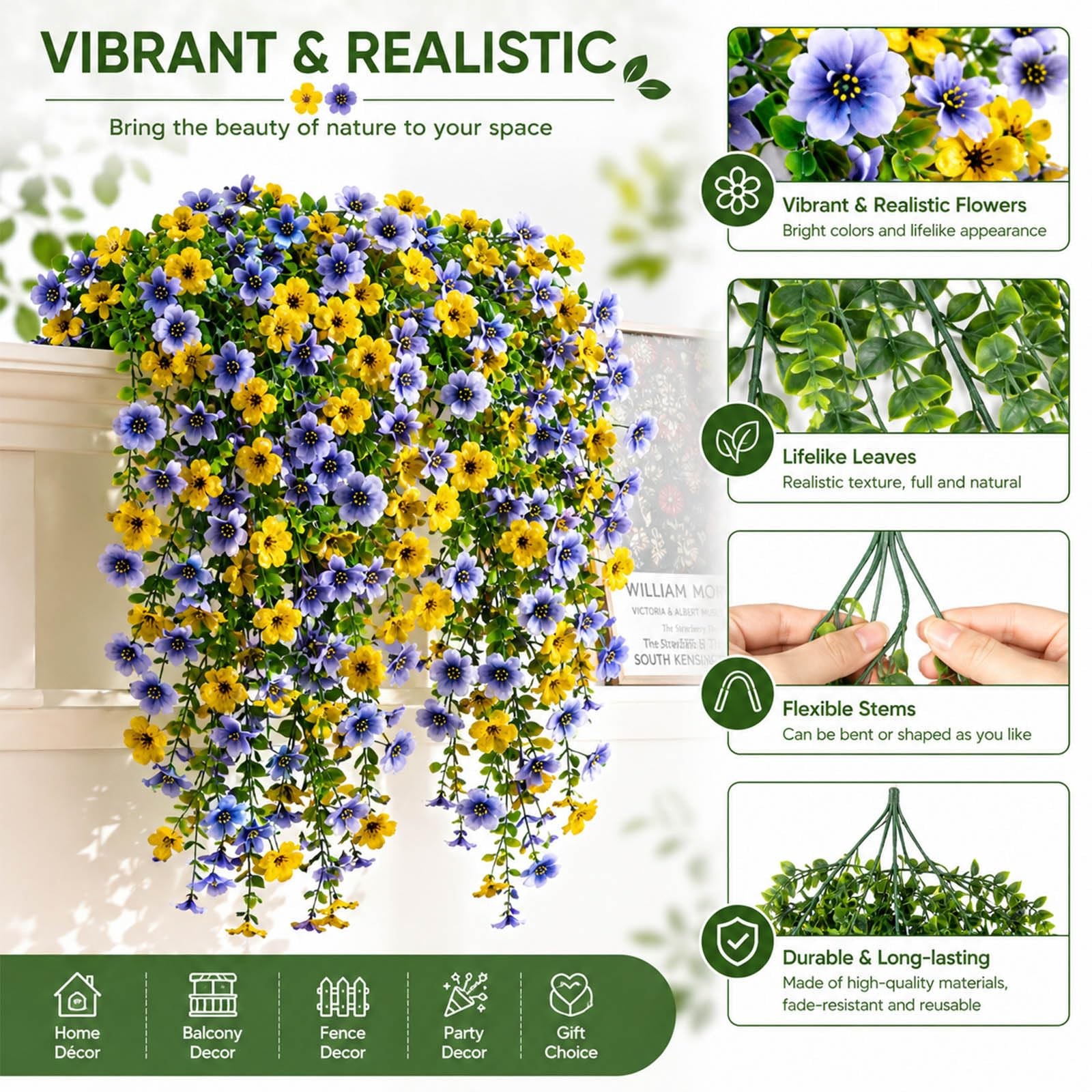 6 Pcs Hanging Violet UV Resistant Artificial Outdoor Flowers,Spring Summer Fa…